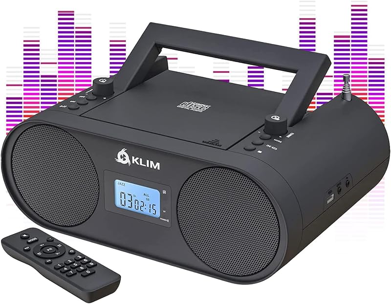 KLIM Boombox B4 Hordozható CD Lejátszó AM/FM Rádióval, Bluetooth, USB, MP3, AUX Funkcióval, Újratölthető Akkumulátorral és Távirányítóval, F