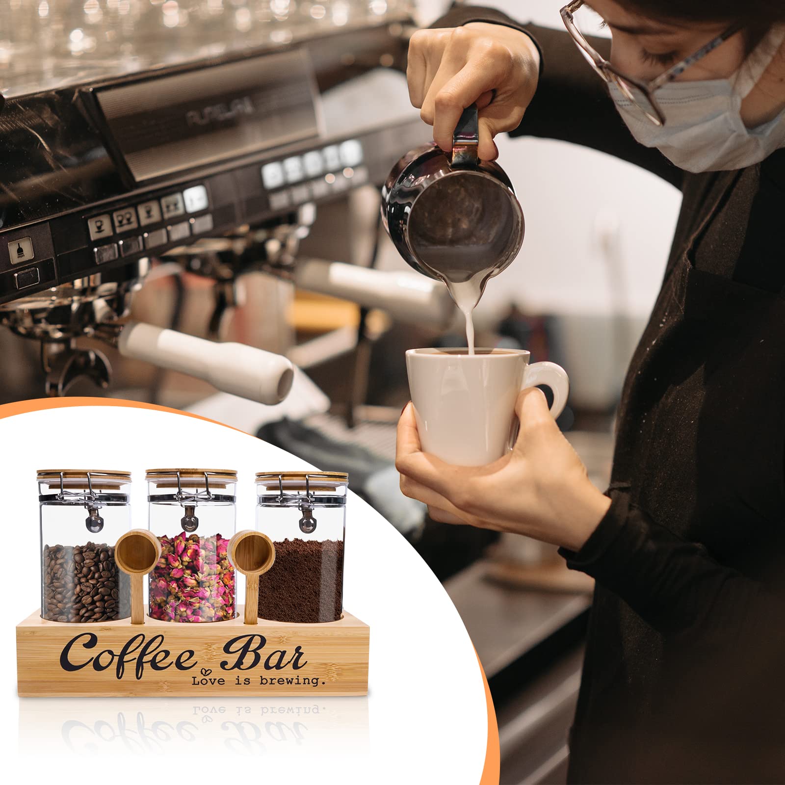 Set 2 Contenitori Ermetici In Vetro Per Caffè 1400ml - Con Ripiano In Bambù E Paletta, Per Conservare Chicchi, Zucchero, Noci