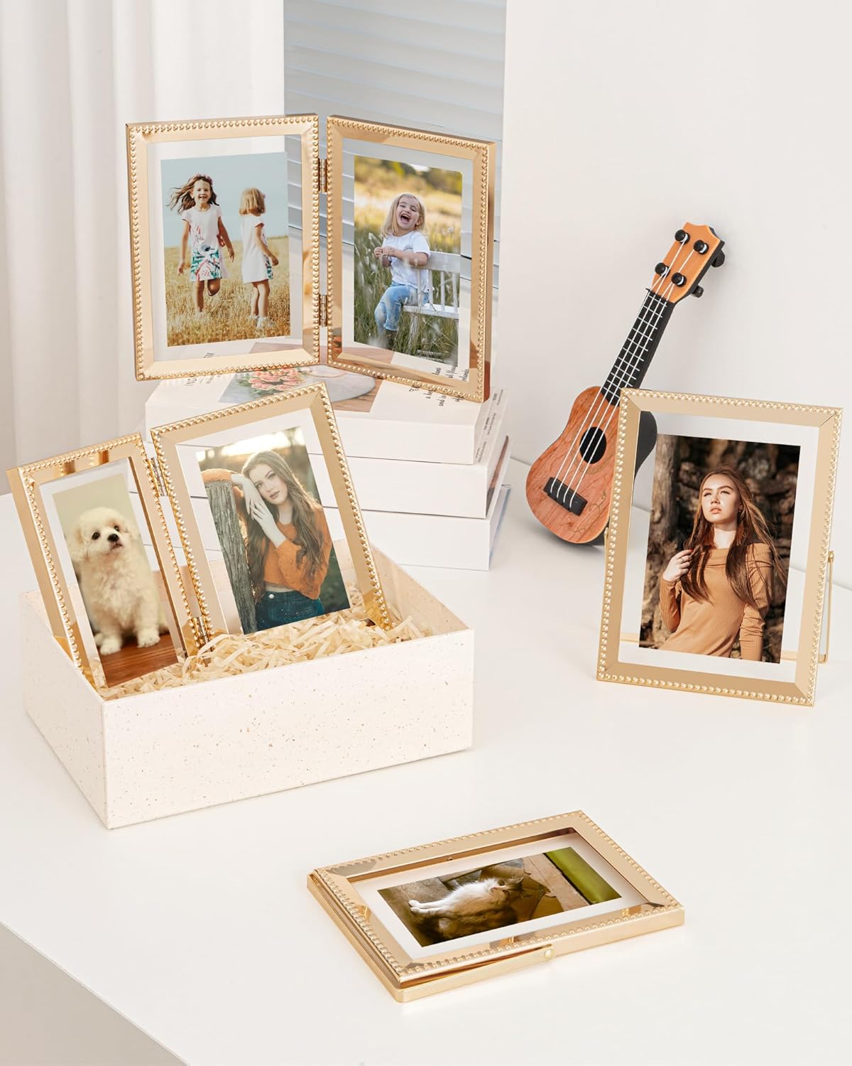 RICHFOCUS 8x10 Hinged Metal Floating Double Picture Frame with Wide Edge & Beads Folding Photo Frames, Floating Display for 5x7 6x8, Tabletop Photo Frame for Multiple Size up to 8x10 Inch, Gold