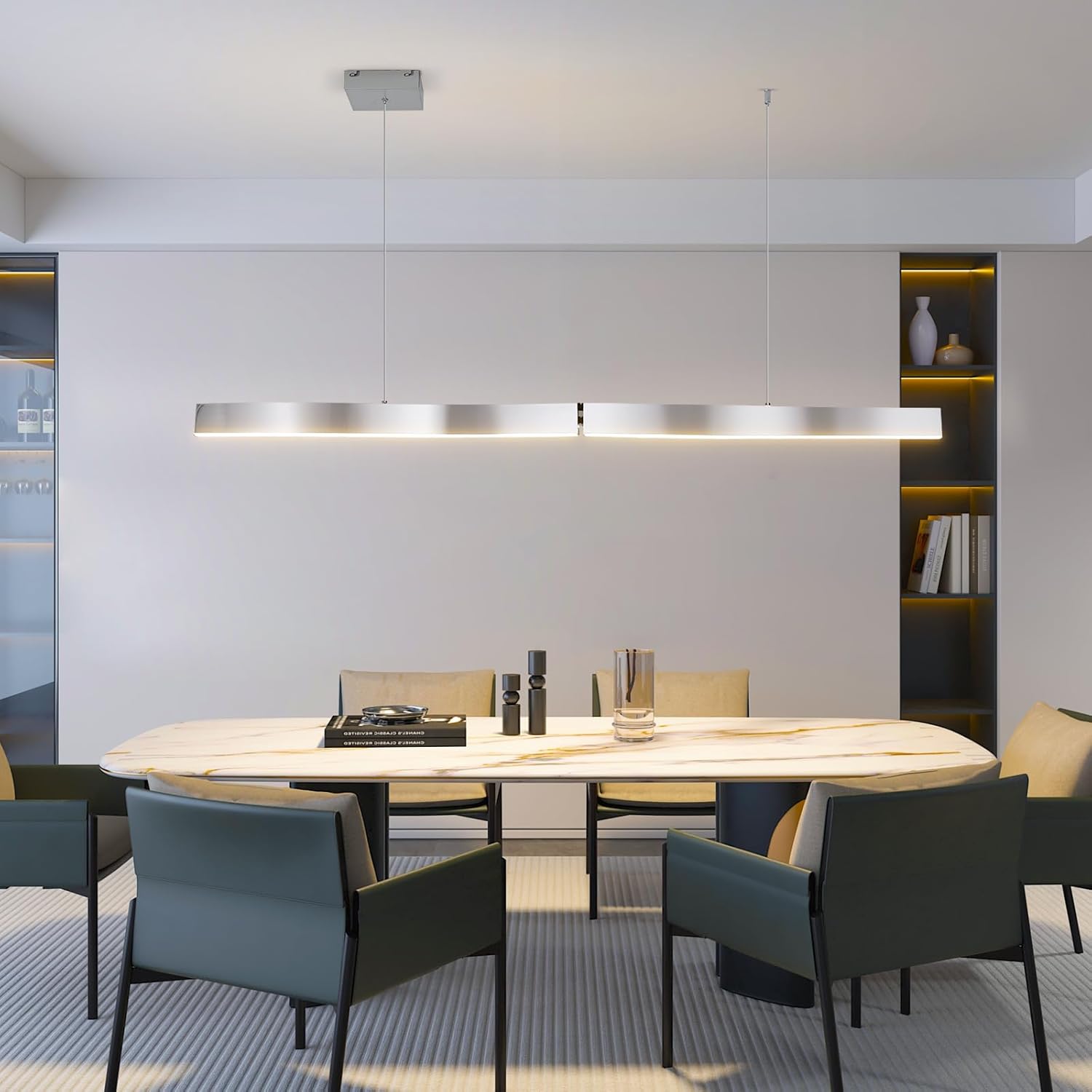 57'' Chrome Wavemetal Modern Long Linear LED Pendant Light - 40W Dimmable & Height-Adjustable for Kitchen Island, Bar & Restaurant