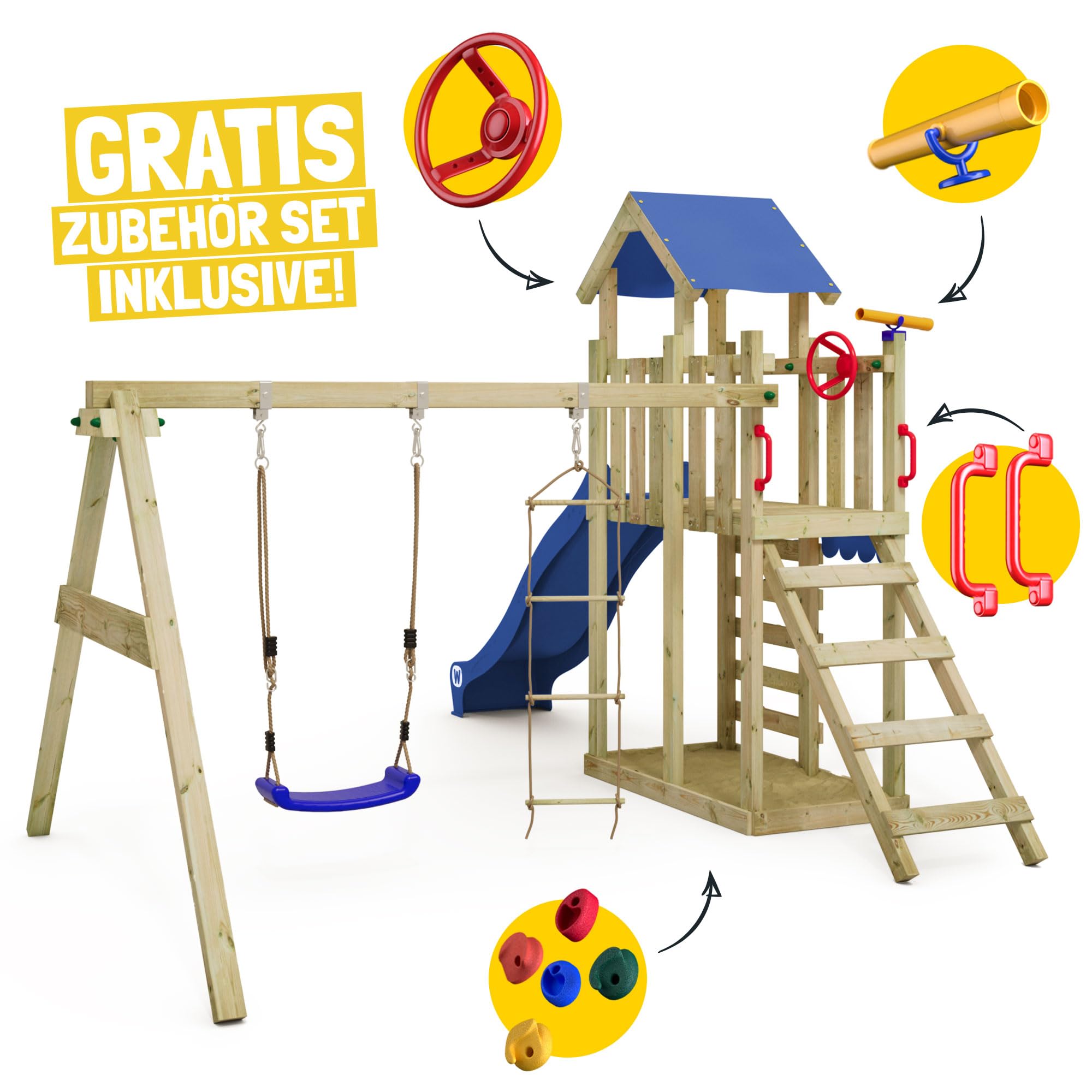 Wickey Spielturm Klettergerüst MultiFlyer Light, Schaukel & Blauer Rutsche, Outdoor Kinder Kletterturm mit Sandkasten, Leiter & Spiel-Zubehör für den Garten