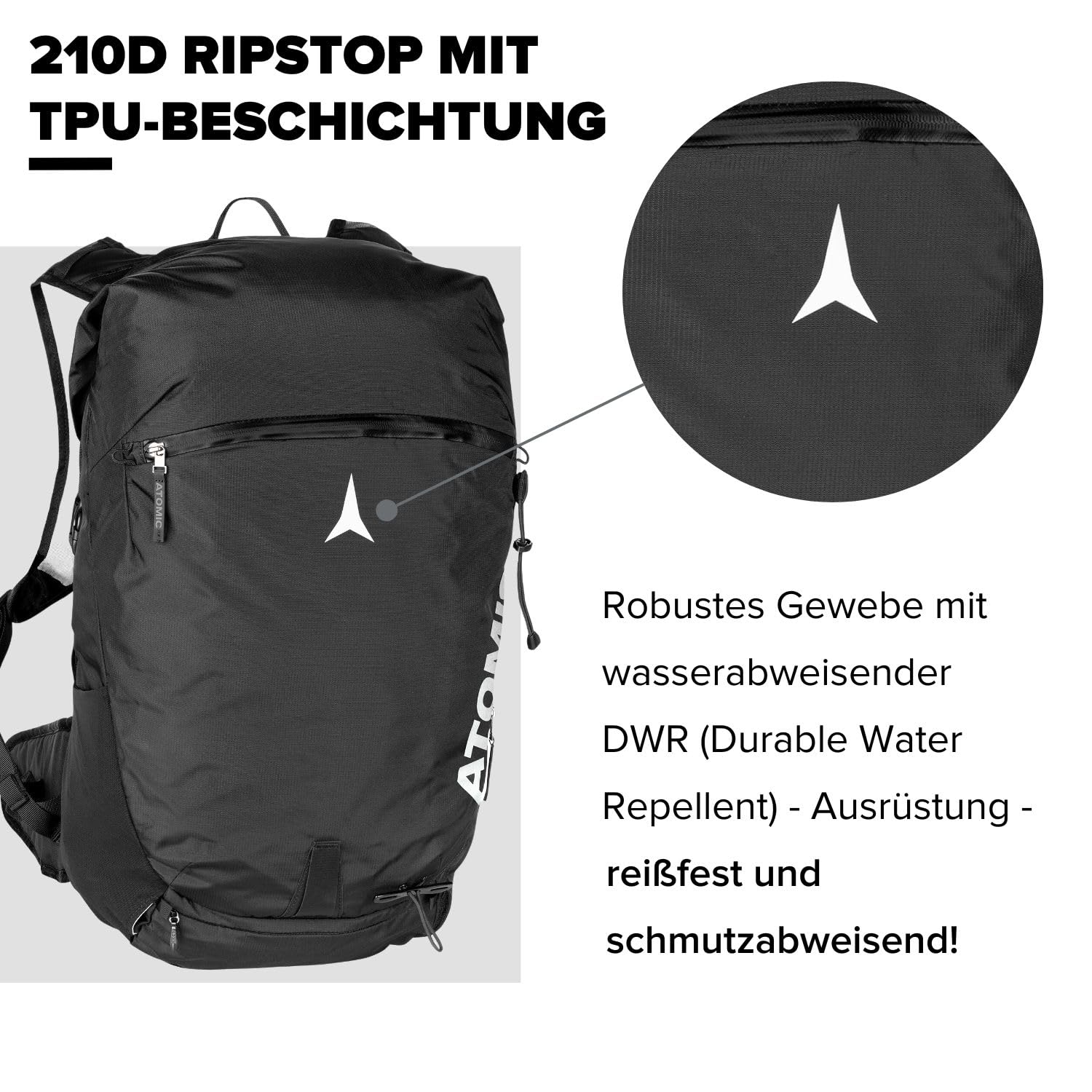 ATOMIC Backland 30+, zaino da sci leggero con chiusura rolltop, zaino da trekking alpino, con spazio di oltre 30 l, robusto e versatile zaino da sci con cintura in vita
