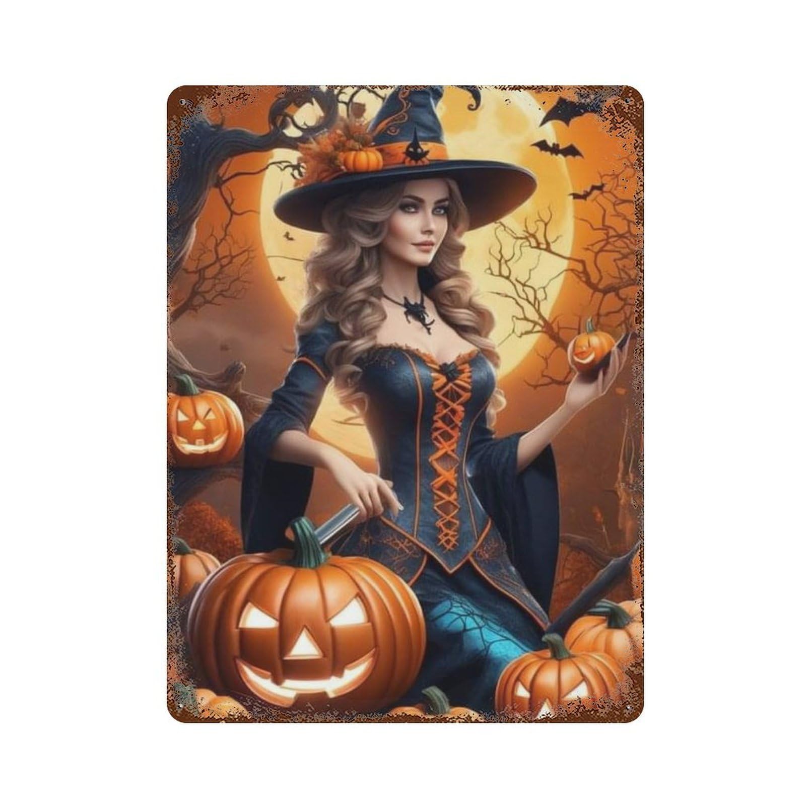 Halloween Witch Holding Pumpkin 15.7"x11.8" Retro Metal Sign, Vintage Wall Decor for Office, Studio And Wall Decor