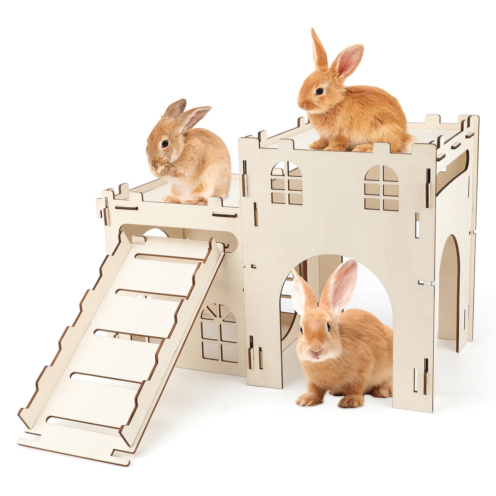 Sbayool Large Wooden Rabbit House, Natural Rabbit Burrow Hideout Bunny Castle for Rabbits, Stable Wooden Playhouse Assembled by Interlocking for Rabbits Rodents Guinea Pigs