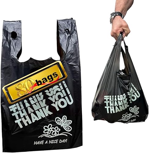 YoYoRain Bolsas negras de agradecimiento, bolsas de 22MIC, bolsas de plástico negras con asa, bolsa de compras de comestibles reutilizable y