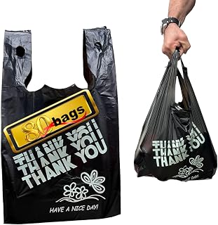 YoYoRain Black Thank you bags, HEAVY DUTY 22MIC bags, Black Plastic Bags with handle, Grocery shopping bag Reusable and Disposable Supermarket Bag 11''x6''x21'' (80PCS)Disposable Supermarket Bag 11''x6''x21'' (80PCS)