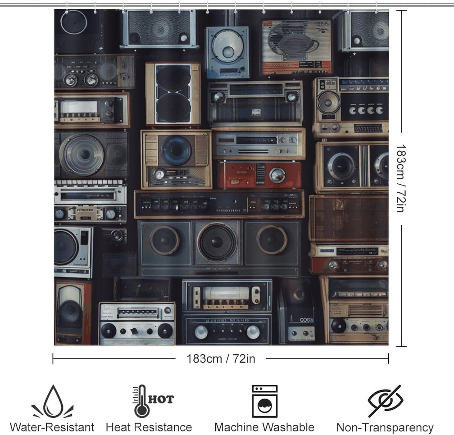 Vintage Wall of Radio Boombox Shower Curtain Set 4 Piece, Non-Slip Bath Mat with Toilet Lid Cover and Waterproof Shower Curtain with 12 Hooks, Complete Bathroom Set for Home Decor