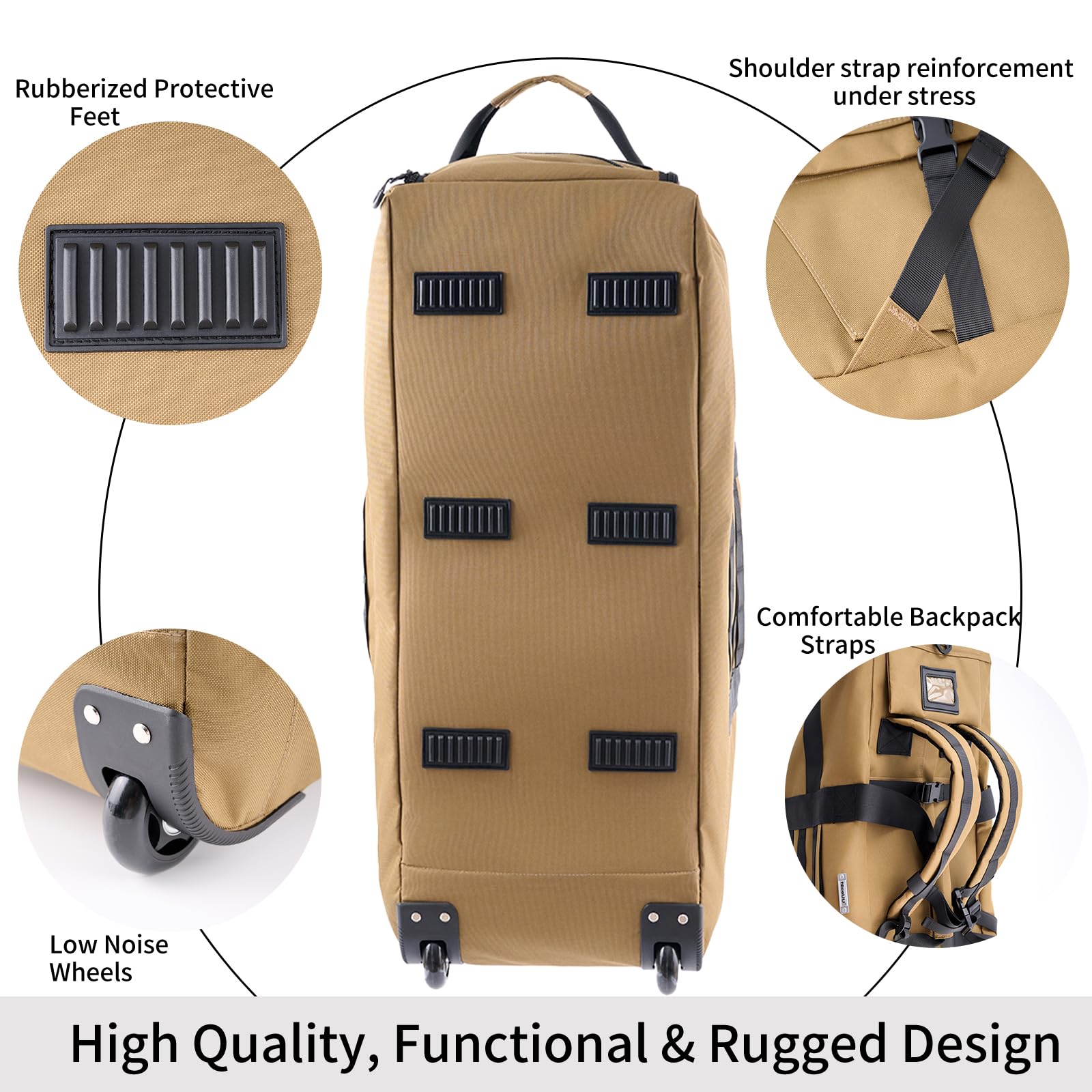 Reisetasche mit Rollen, großer Rollrucksack, militärischer taktischer Rollen, faltbar, für Einsatz, Camping, Sport, Wochenender, Übernachtung, persönliche Gegenstände, Seesack, 80 l, Khaki, 31.5" L x