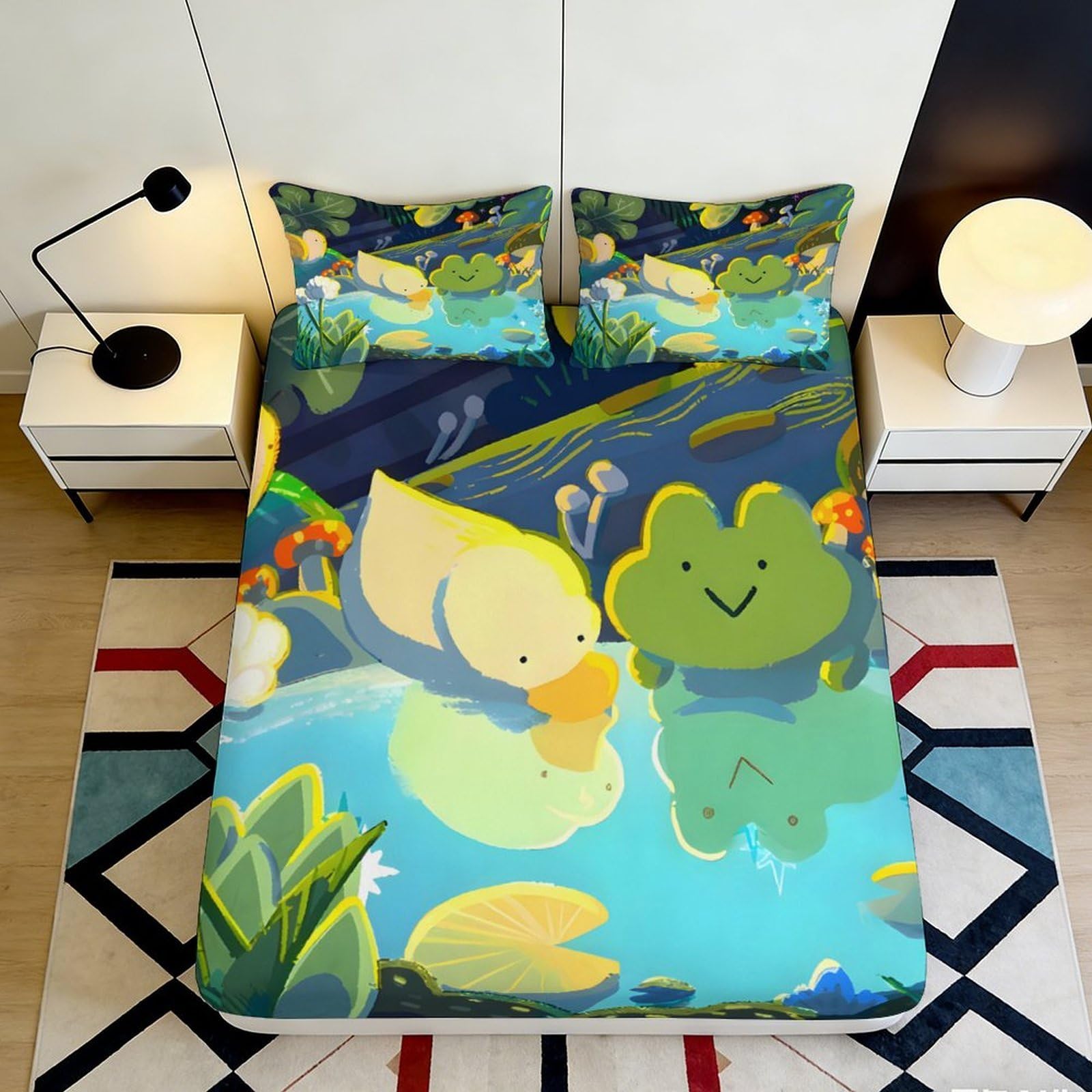 3D Printed Cute Frog and Duck Fitted Sheet Microfiber Soft Breathable Cartoon Pond Bed Cover for Bedroom Dormitory Guest Room Mattress Protection 120x200x25cm