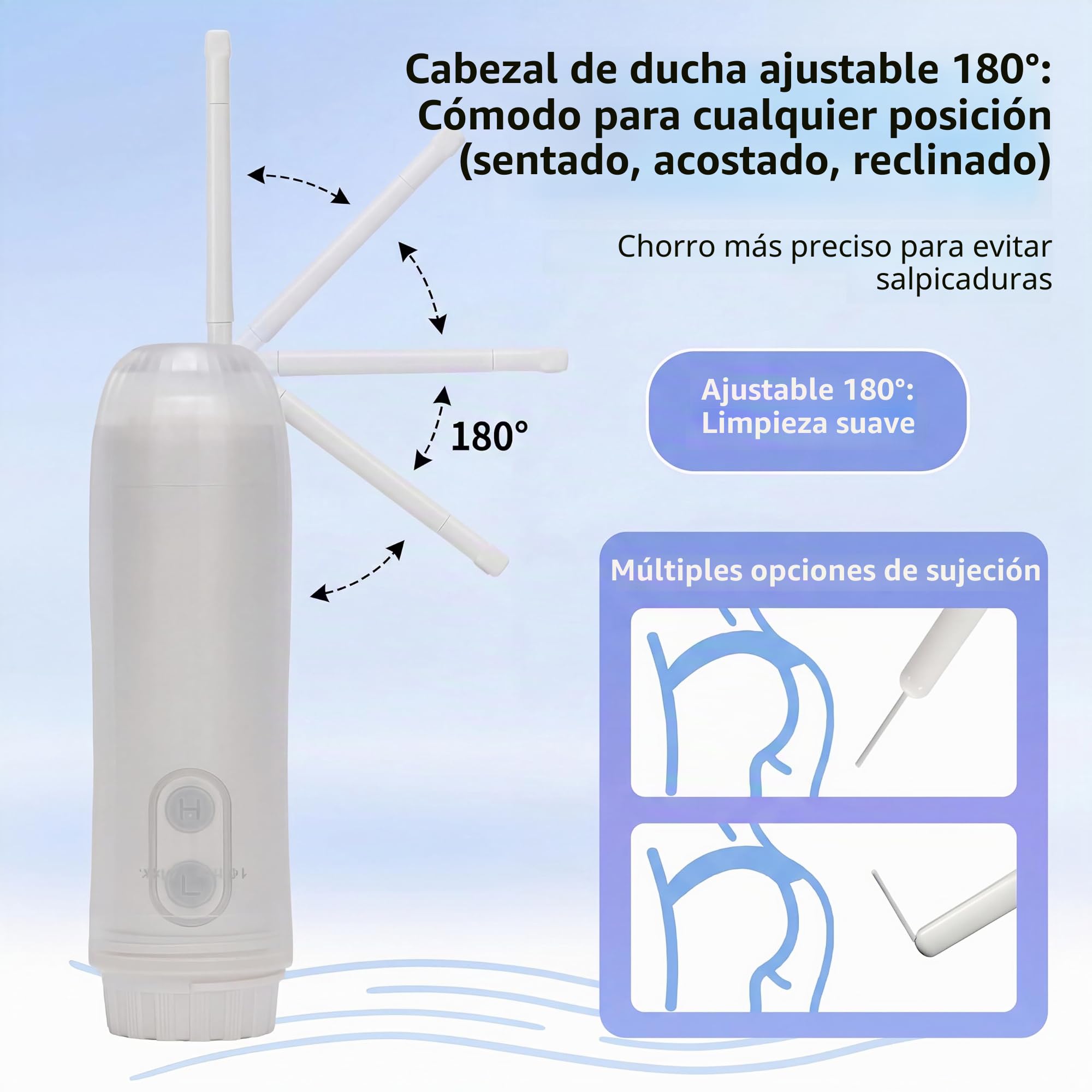 OHAANYY Bidé Viaje Eléctrico Ducha Portátil Pilas Higiene Íntima IPX7 180ml | Pulverizador higiénico móvil, botella lavado manual acampada, irrigador perianal suave, boquilla rotatoria regular