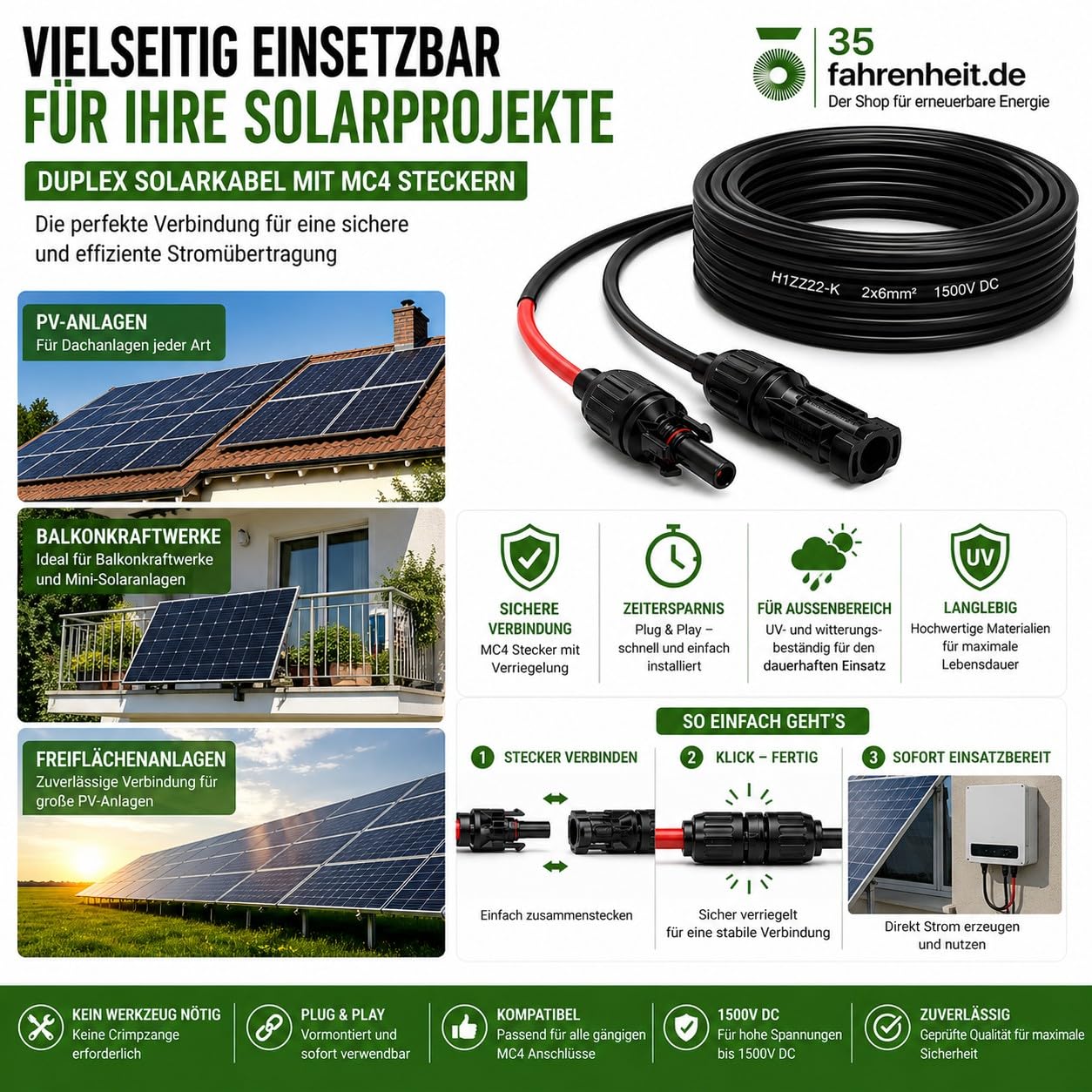 Solarkabel Duplex 19m Set 6mm² H1Z2Z2-K – inkl. MC4 Stecker & Adapter – TÜV zertifiziert – 1500V 30A – UV- & witterungsbeständig – für Solaranlagen, Photovoltaik & Balkonkraftwerke