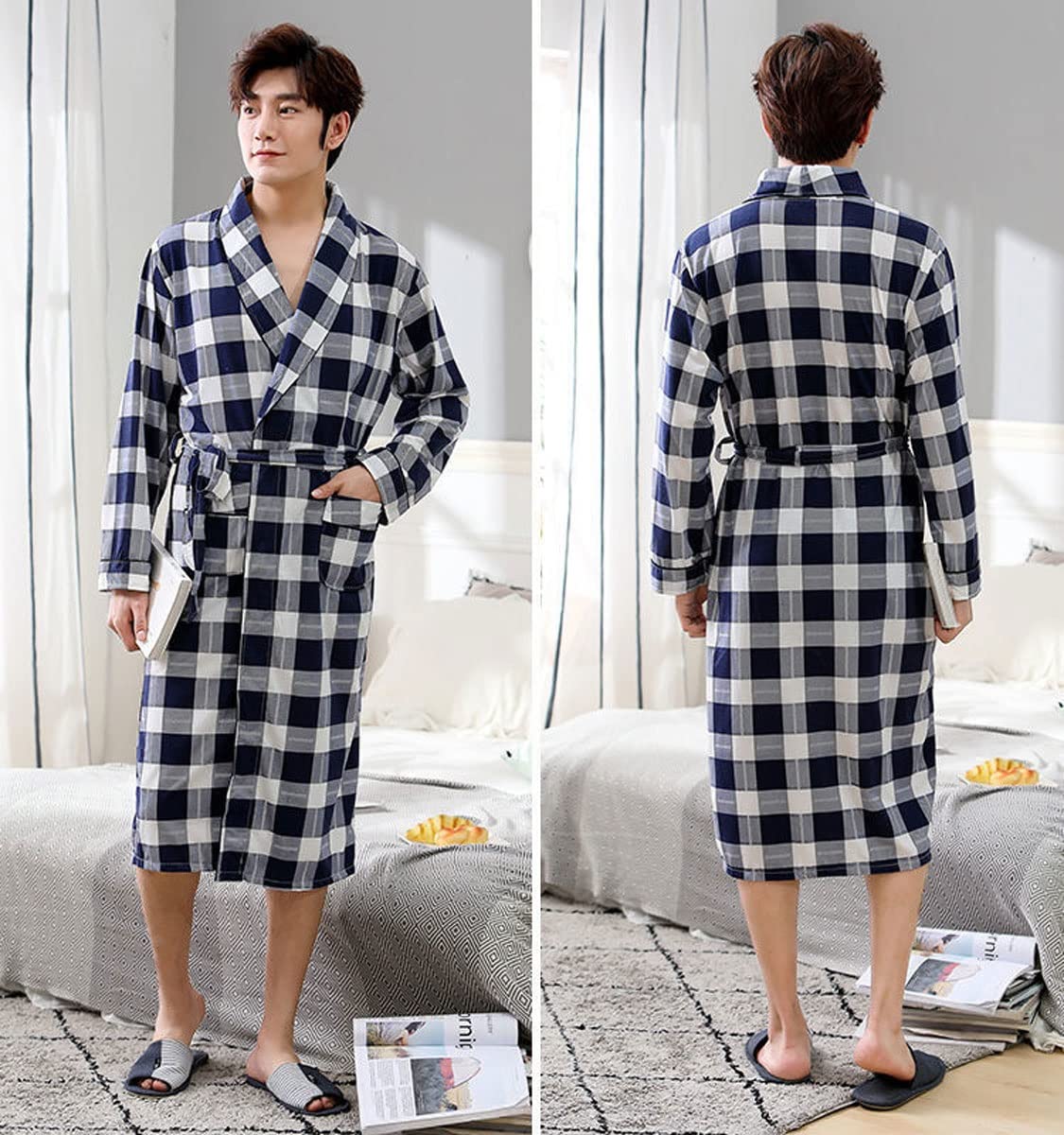 Oanviso Peignoir Homme Long Avec Capuche - Robe De Chambre Luxe Épaisse, Deux Poches, Idéal Printemps/Été