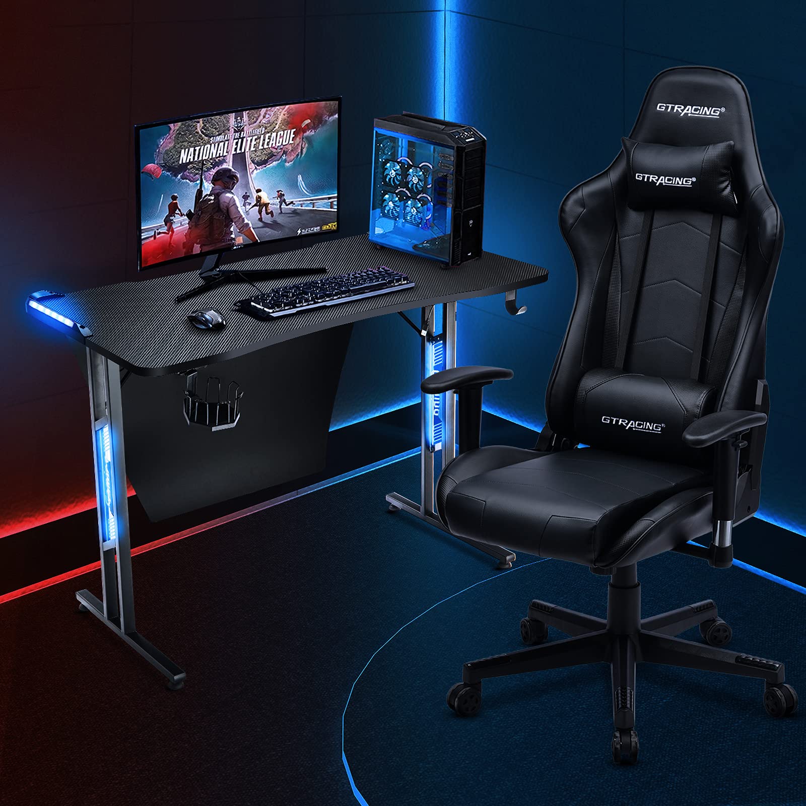 GTRACING Gaming Desk,LED Lighting Computer Racing Style Gaming Table