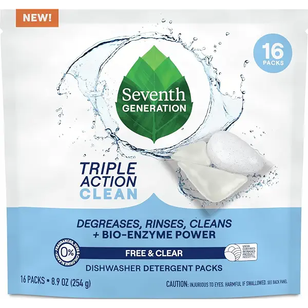 Seventh Generation Triple Action Clean Dishwasher Detergent Packs 1 pack Free & Clear For de-greasing and cleaning even the toughest food messes Fights 48-hr stuck-on food 8.9 oz 1