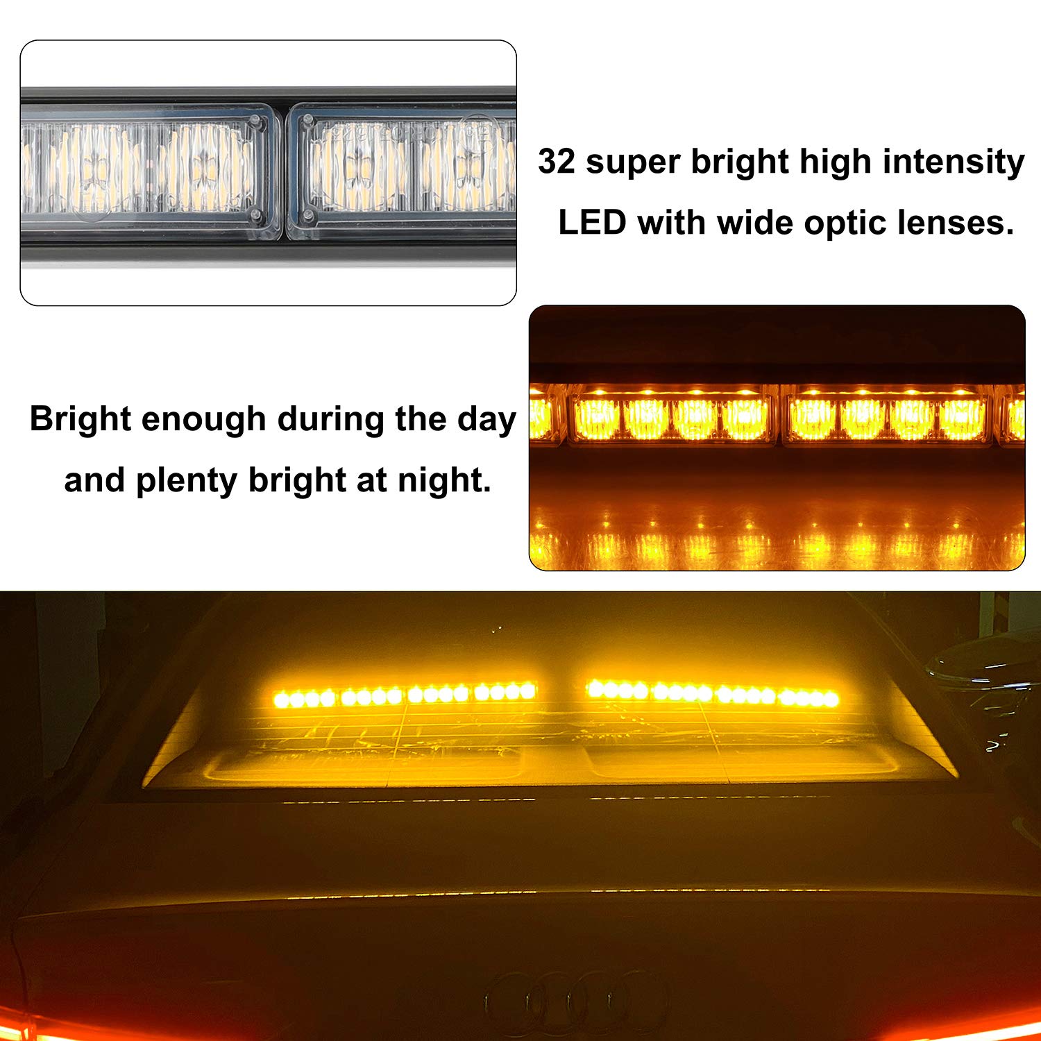 ASPL - Barra de luz estroboscópica LED intermitente de emergencia de 2 x 16.8 pulgadas, 32 LED, 26 patrones de flash, luces d