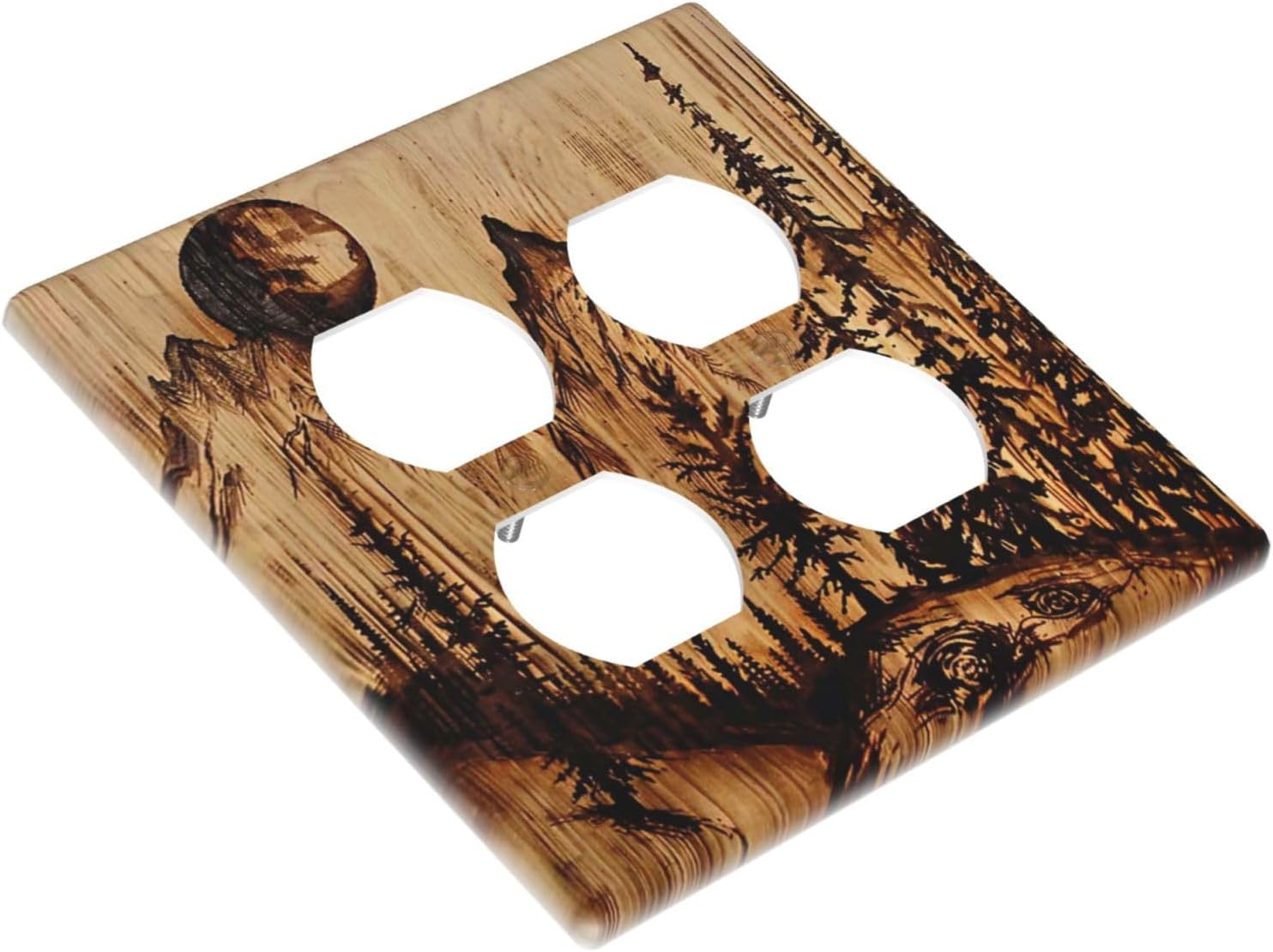 Decorative Outlet Covers with Brown Wooden Board Carved with Mountain Forest Landscape 2 Gang Wall Plate Double Duplex Light Switch Cover Switch Plate Cover for Farmhouse Decor