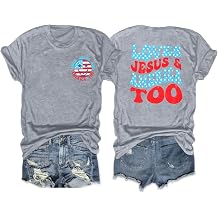 ALLTB 4th of July Shirt Women Loves Jesus and America Too Shirts Patriotic Tshirt Christian Short Sleeve Tee Top