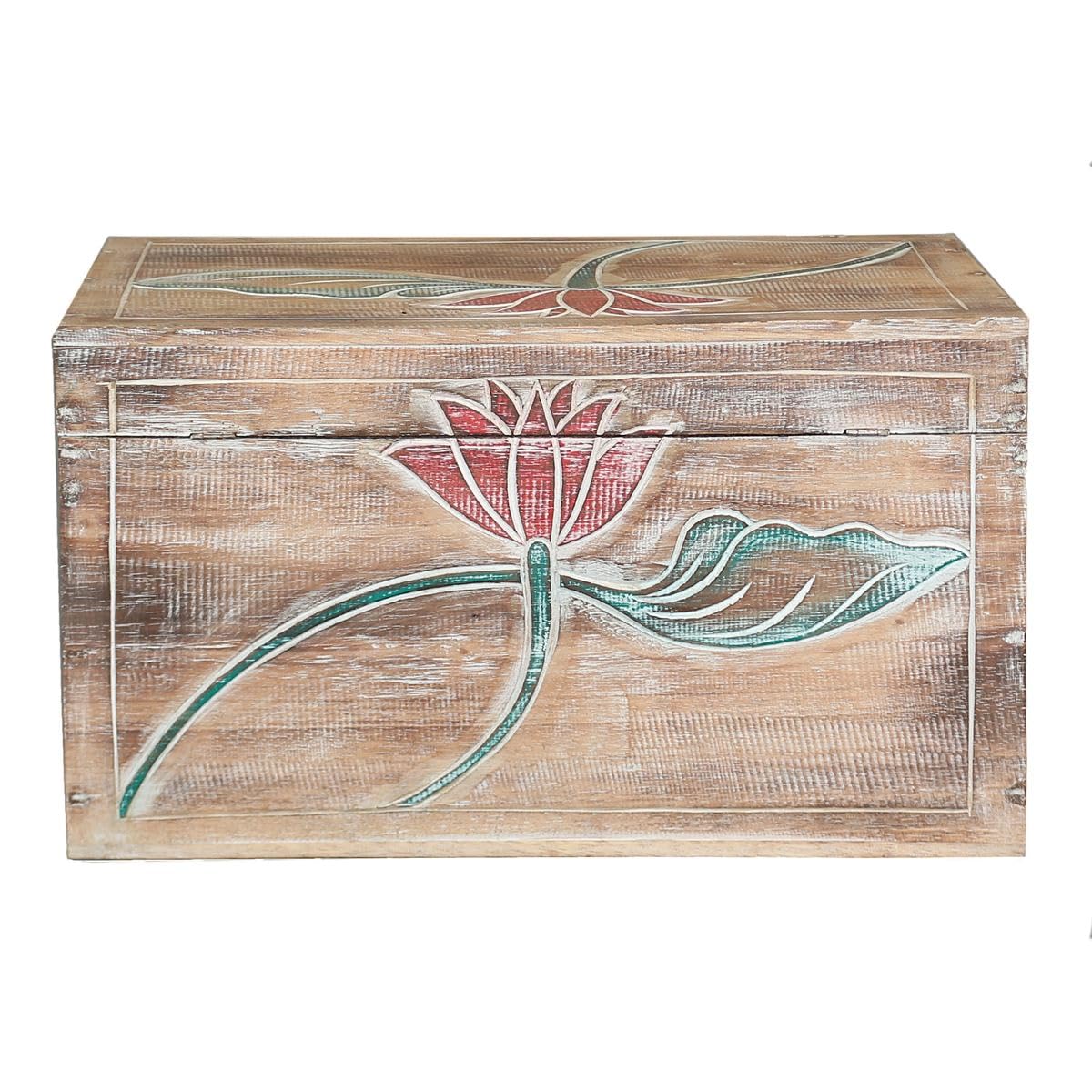 Truhe Holzkiste Holztruhe Schatztruhe Kiste Box Palmenholz Holzbox Blumen Schnitzereien Shabby Used Look Modell Baris Mittel 50 cm