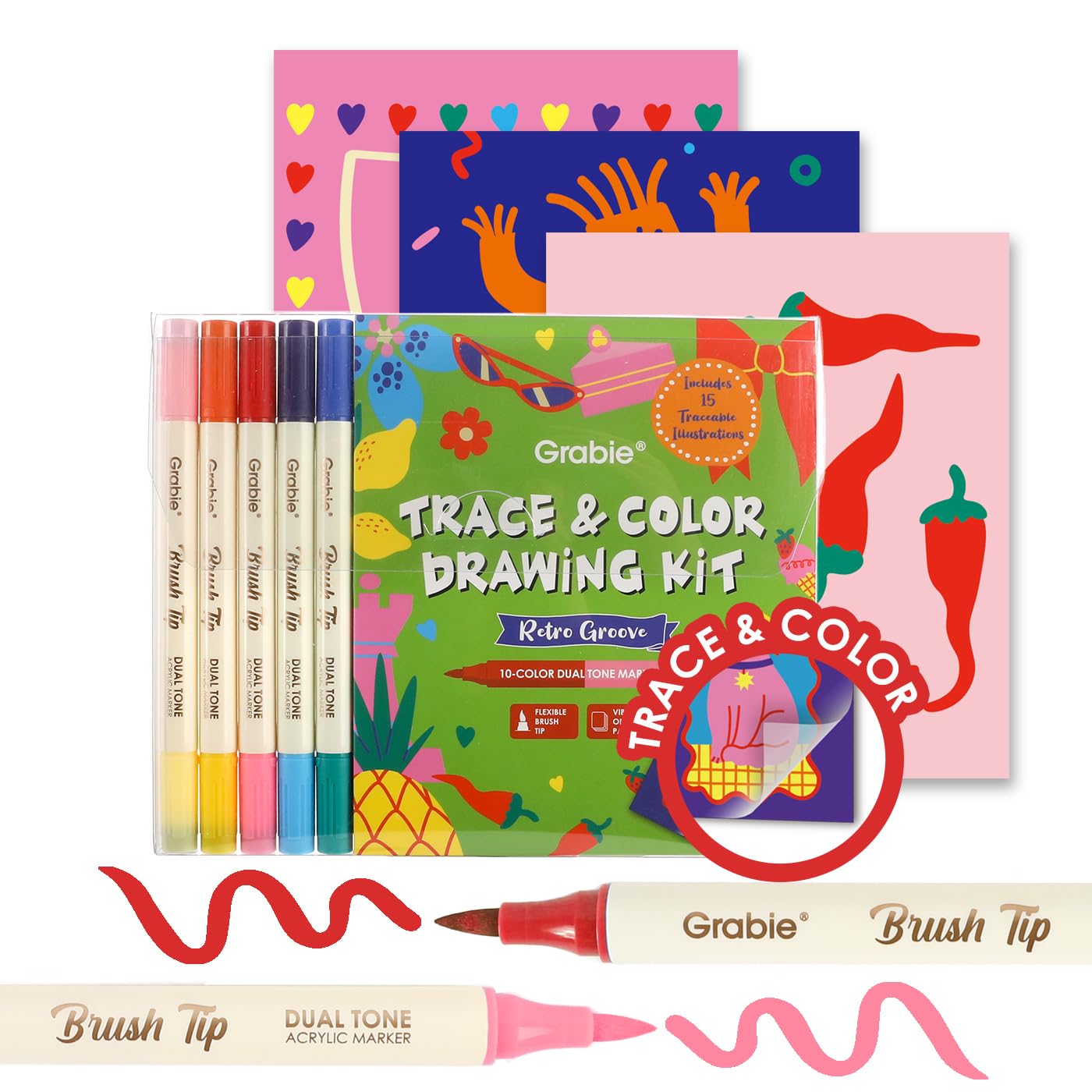 Grabie Trace & Color Drawing Kit, Pack of 5 Dual Tip Markers, Retro Groove | 15 Pre-Print…