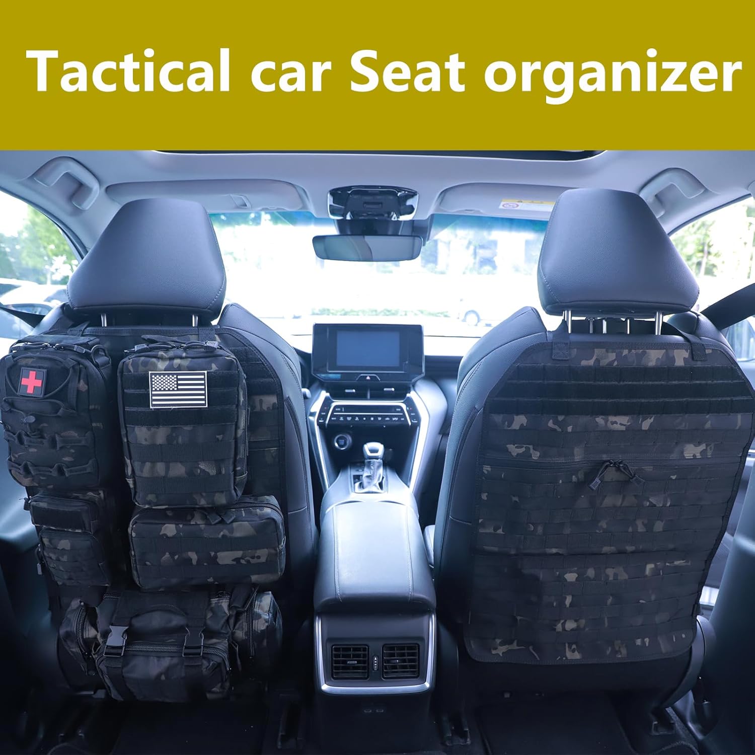 Universal Tactical Car Seat Back Organizer Bag Tactical Molle Vehicle Organizers Panel Vehicle Protector Organizers with 5 Detachable Pouches for Car Truck Ford Jeep (Model A-Black camo)