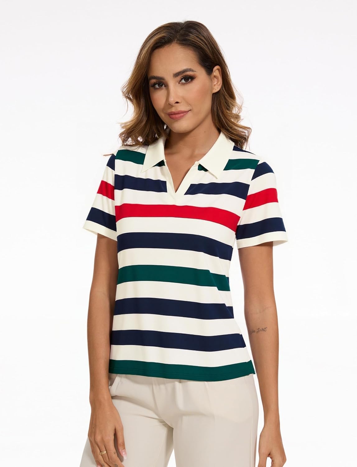 Women Striped Collared Shirts Golf Polo Cotton Blend Tops Short Sleeve T-Shirts Tennis Tee Summer Outfits