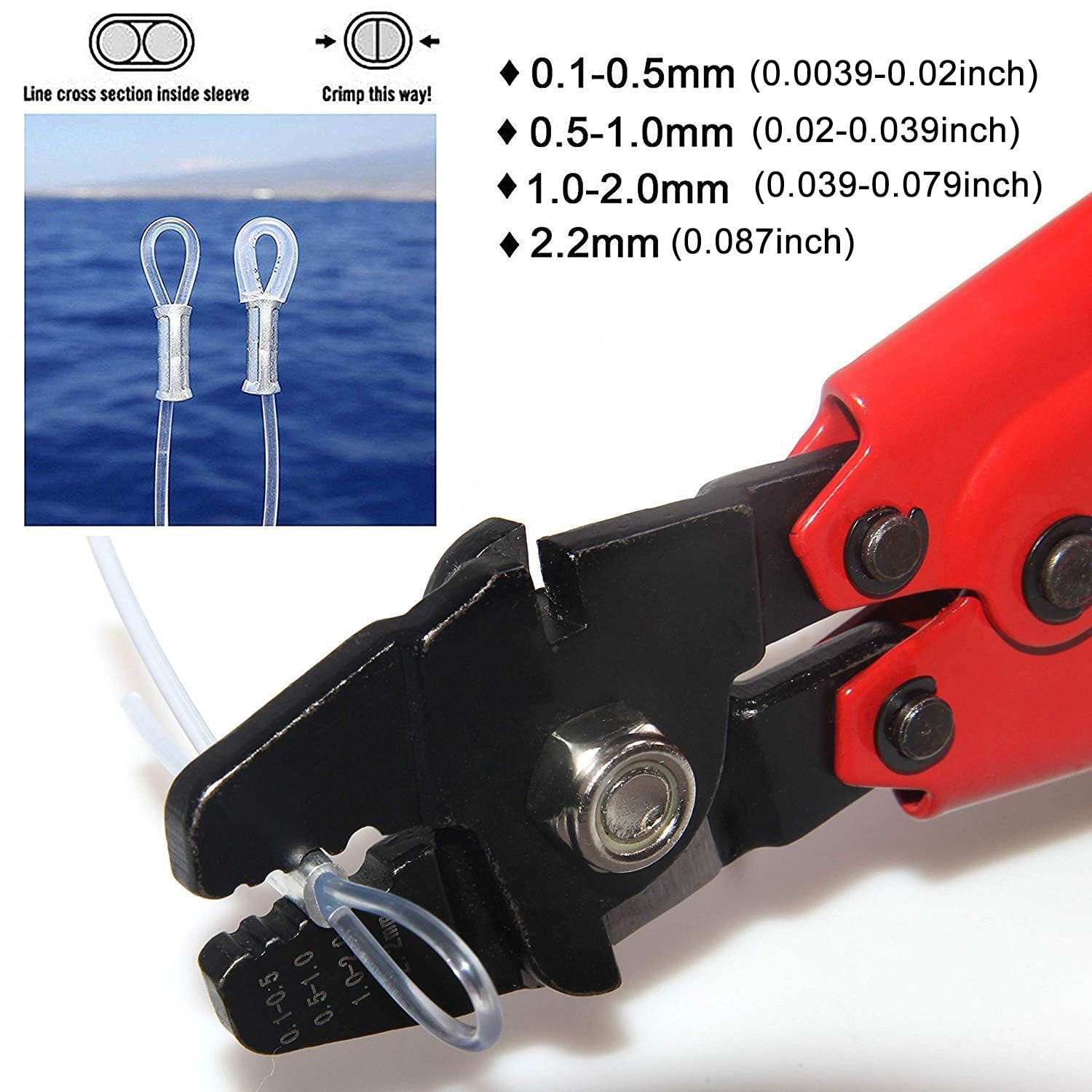 Pinza crimpatrice per funi metalliche, per fune d'acciaio, pinza a morsetto, doppia crimpatura, doppio manicotto (0,1 mm – 2,2 mm)