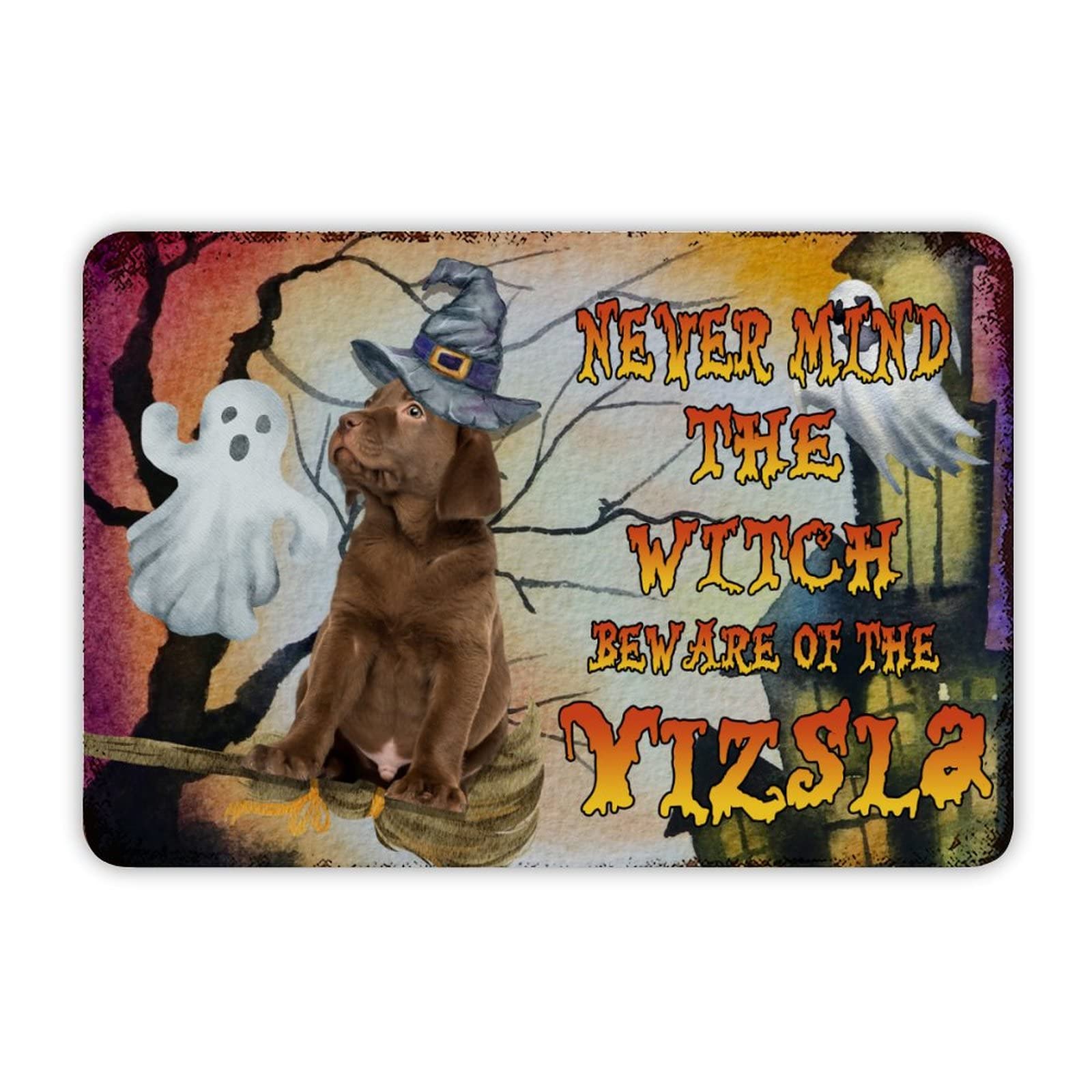 ENEDNATE Farmhouse Man Cave Metal Sign Happy Halloween Never Mind The Witch Beware of The Dog Retro Aluminum Tin Metal Signs for Indoor Outdoor Yard Office Kitchen Living Room Door Home Décor 8"x12"