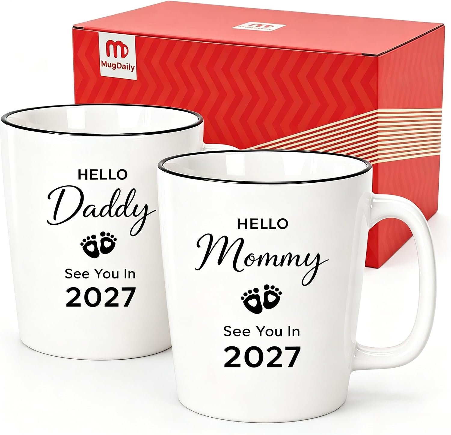 First Time Parents Gifts, Hello Mommy Daddy Mug Set, See You in 2027.Beautifully gift boxed and ready to give, featuring matching 12 oz mugs for expecting parents.