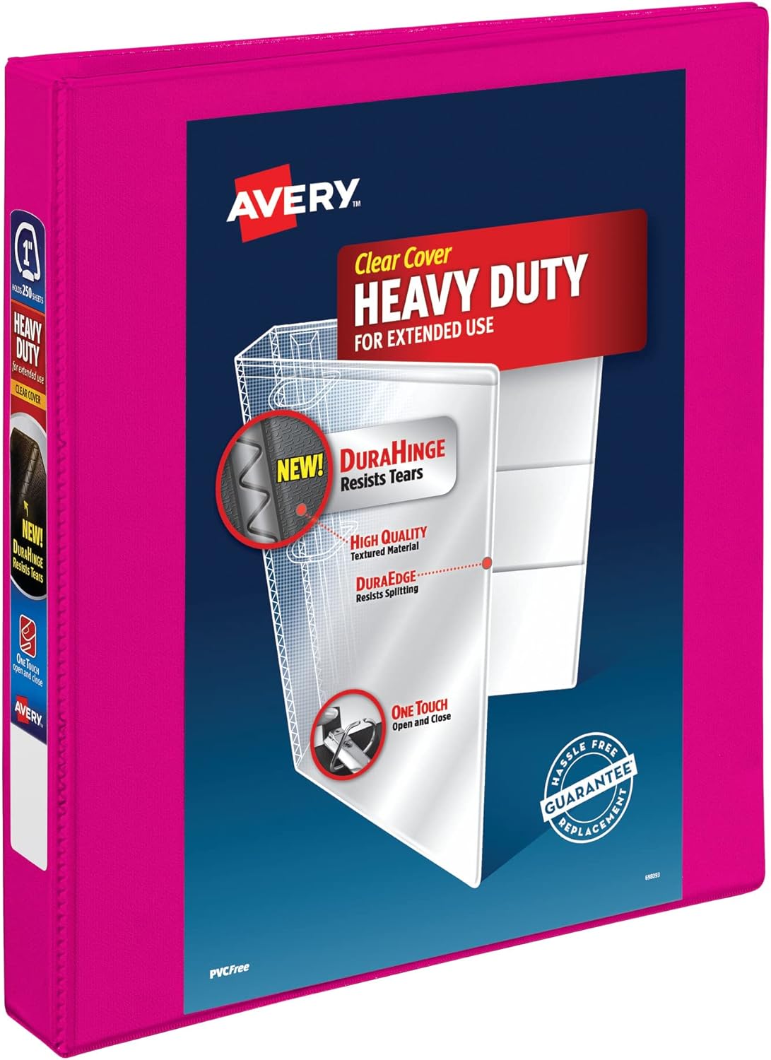 Avery Heavy-Duty View 3 Ring Binder, 1" One Touch Slant Rings, Holds 8.5" x 11" Paper, 1 Pink Binder (79719)