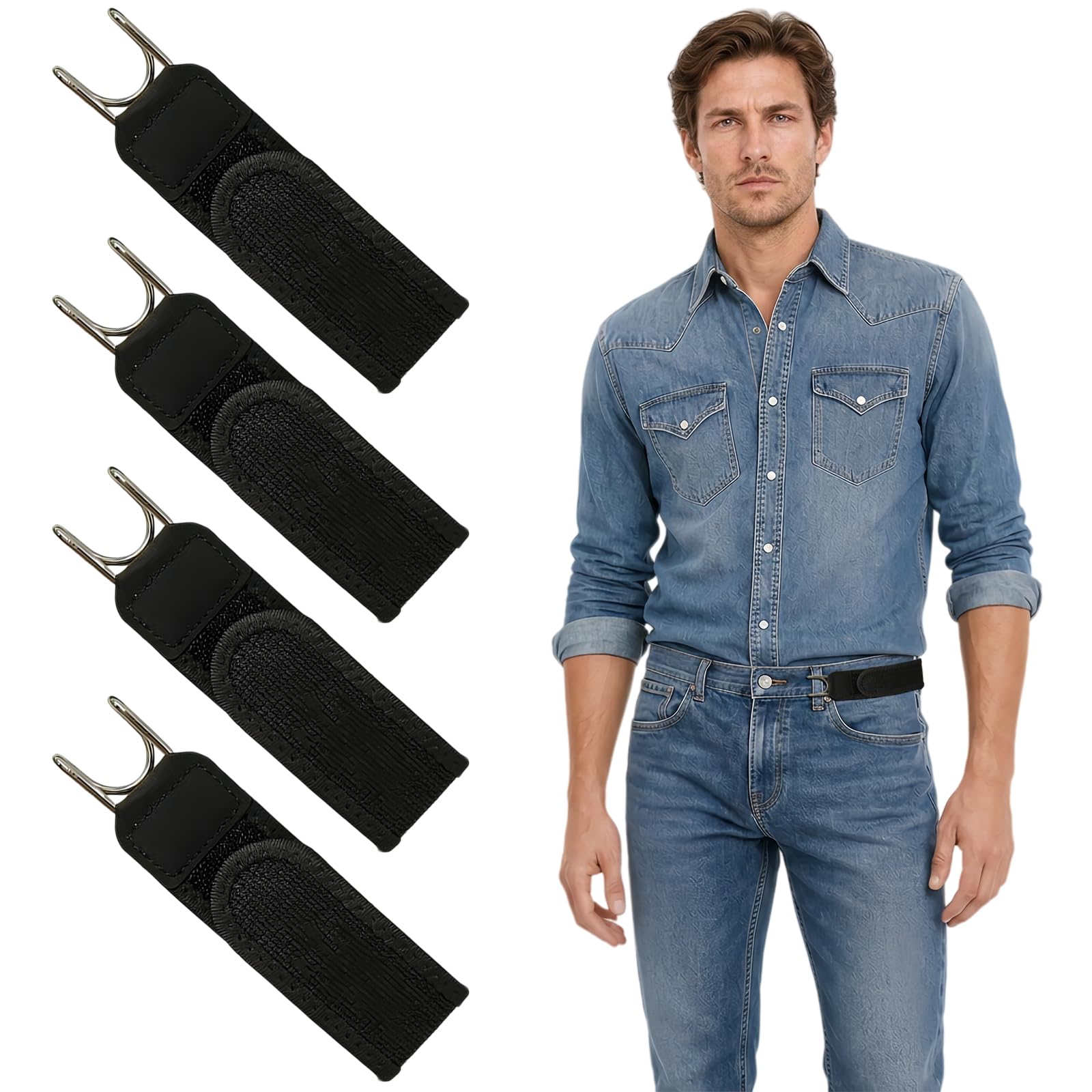 ZIEKKAS 4Pcs No Buckle Belts for Men Women, Elastic Belt Without Buckle, Adjustable Buckleless Belts for Men, Metal Hook Mens Belt for Jeans, Work, Casual, Business, Fits Belt Loops and Daily Wear