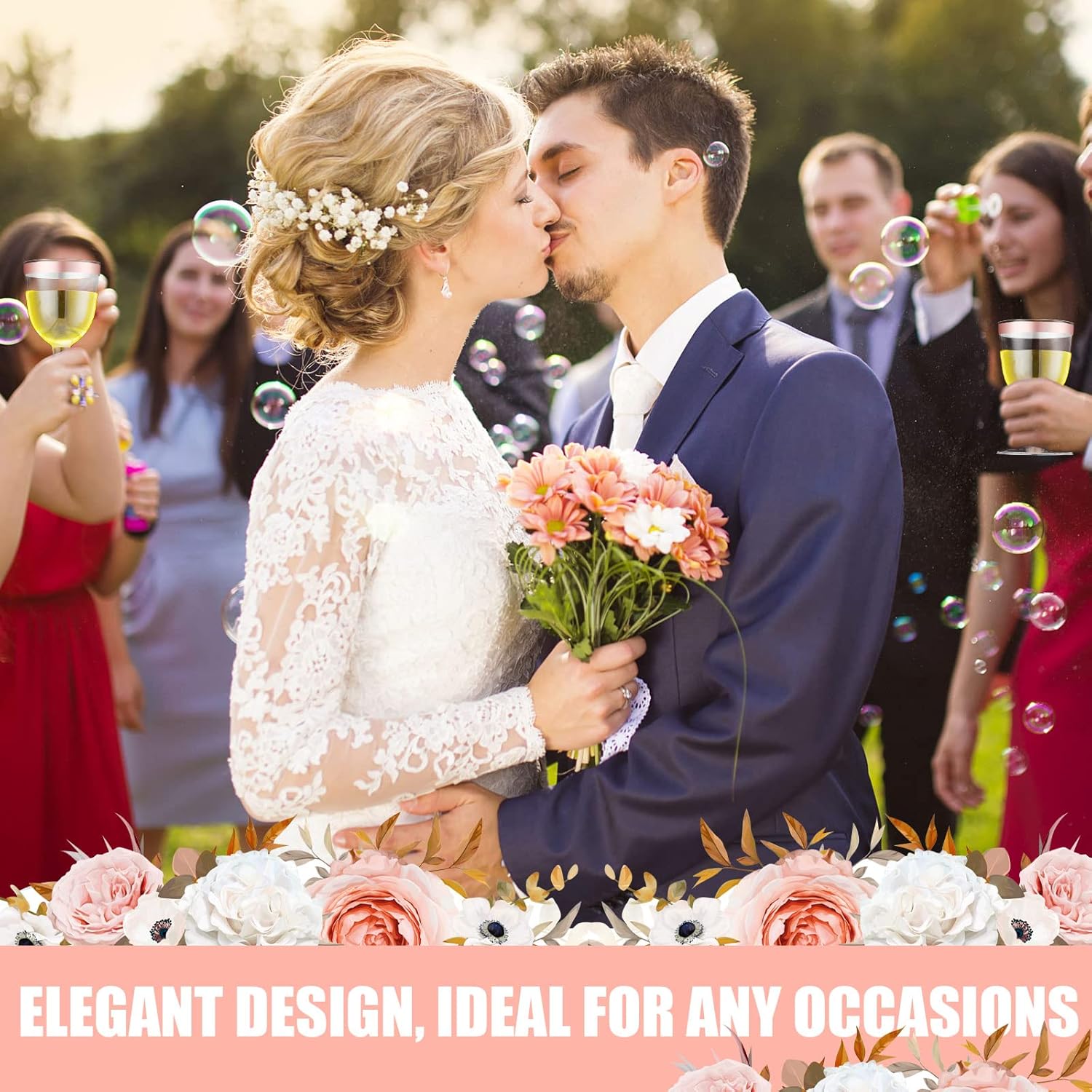 Thenshop 50 Pack 5 oz Plastic Champagne Flutes Clear Disposable Wine Glasses Cups with Stem Reusable Goblets Shatterproof Cocktail Cups for Mother's Day Wedding Party Holiday Dessert(Rose Gold Rim) - Image 7