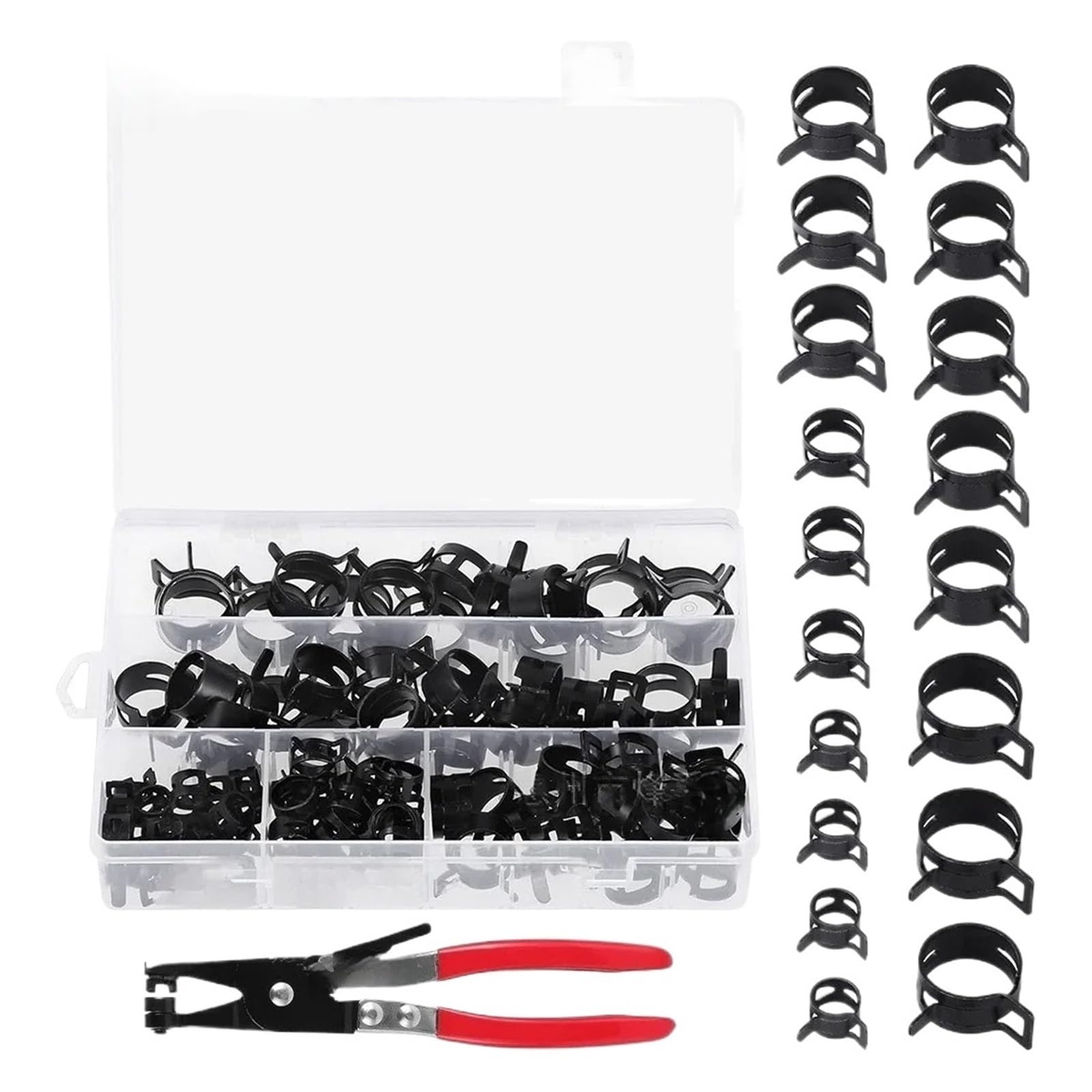 Q673B Lot de 90 colliers de serrage + 1 pince de serrage pour tuyau d'huile et d'eau Noir