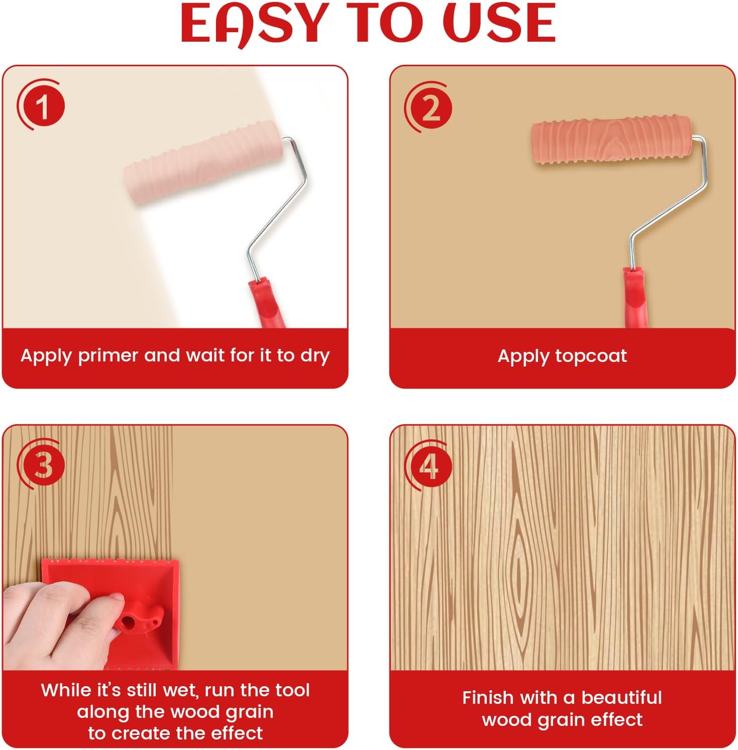 Wood Grain Tool, Natural Wood Graining Tool Set Simulated Paint Roller Kit for DIY Wall Room Decoration, Decorative Painting and Your DIY Projects with Woodgrain Patterns (Red+Blue-6)