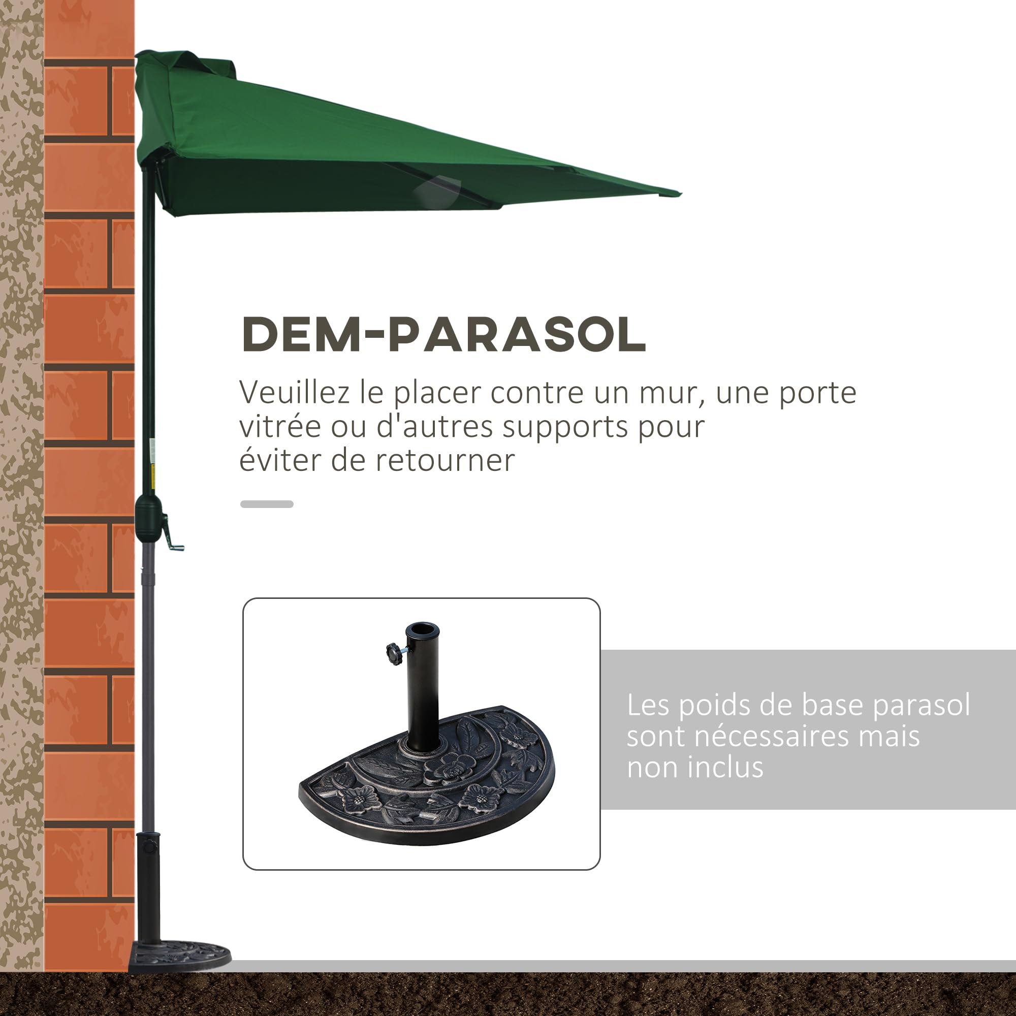 Outsunny Demi Parasol 5 Entretoises Métal 2,93 x 1,5 x 2,49 m