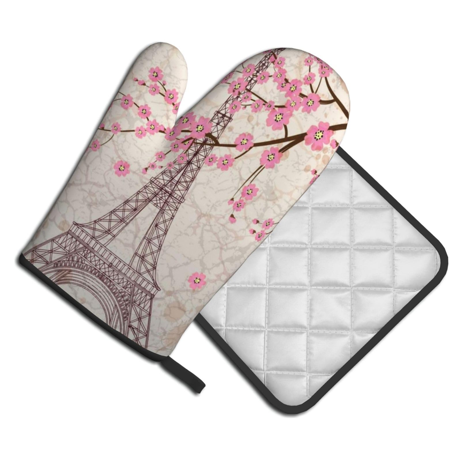 Oven Mitts and Pot Holders Set of 2 Pcs, Eiffel Tower Printed Heat Resistant Kitchen Gloves Potholders for Cooking Baking Grilling