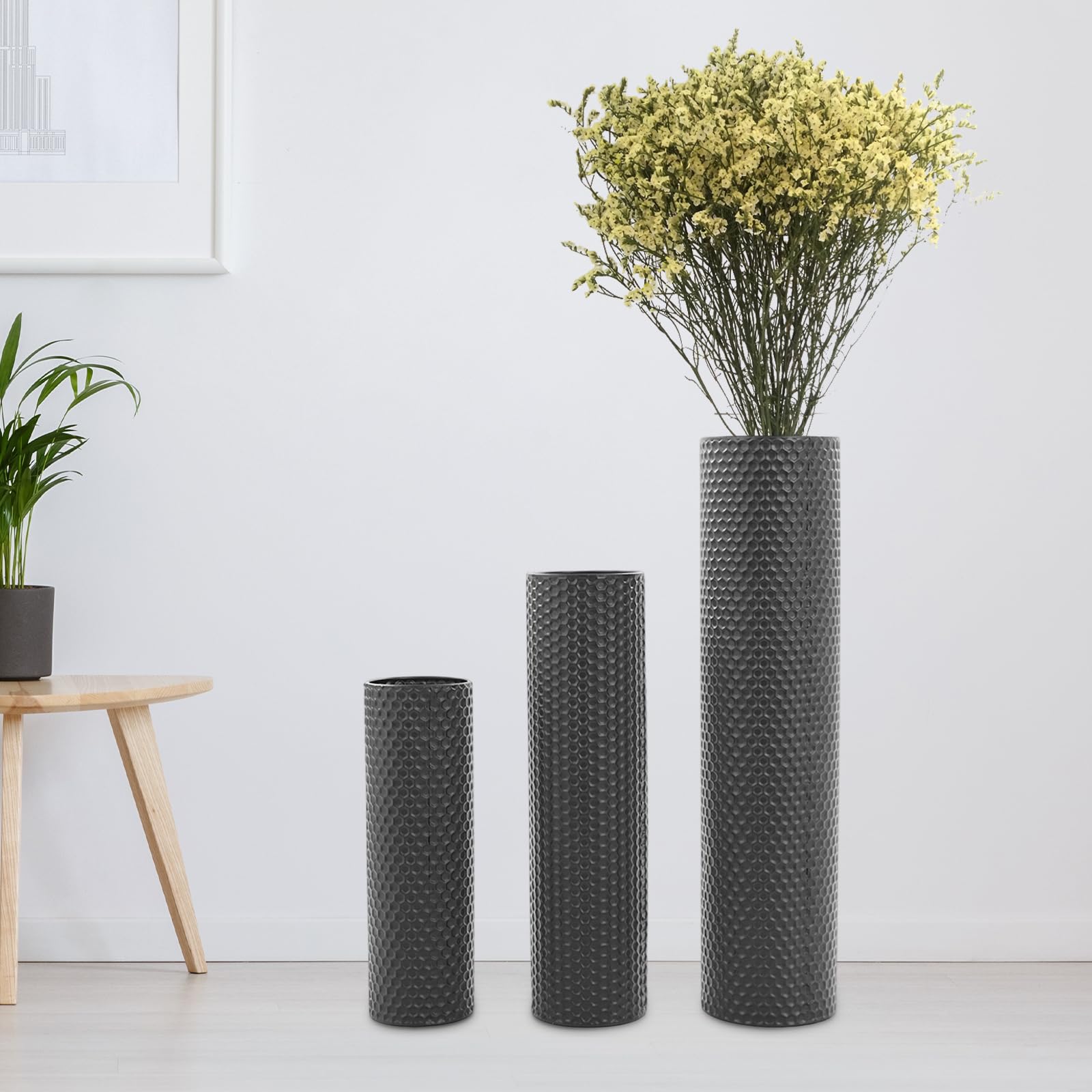 Set di vasi neri in ferro, 3 pezzi, grande struttura a nido d'ape, 40-70 cm, con design a nido d'ape per fiori artificiali, vaso decorativo moderno per soggiorno, sala da pranzo, camera da letto