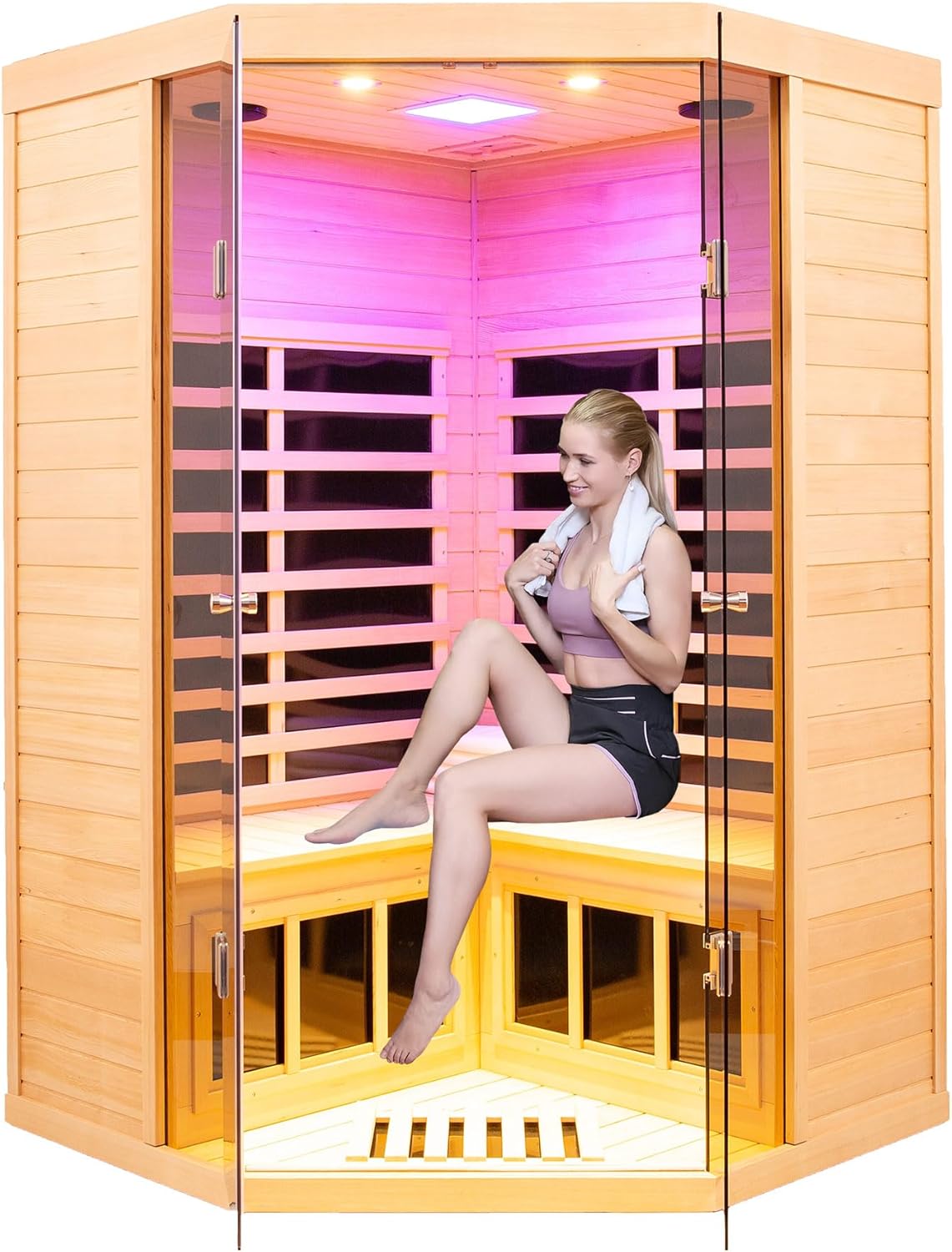 Saunas 907S Far Infrared Sauna, Indoor Corner Space Wooden Dry Sauna Low EMF (Hemlock Wood, 2-3 Person Size)