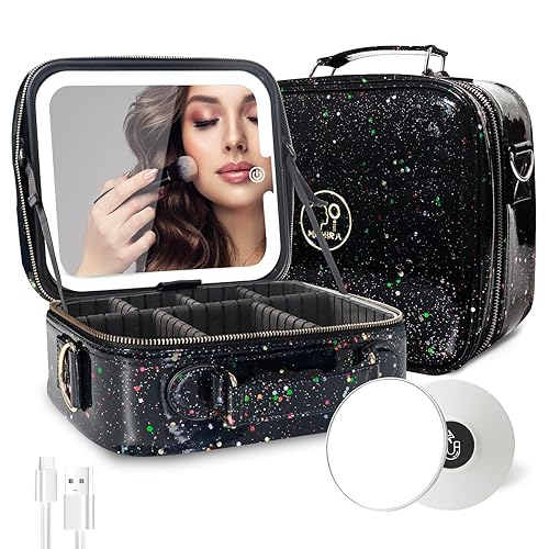 Vista 15 de MOMIRA Bolsa de maquillaje de viaje, bolsa de cosméticos, bolsa organizadora de maquillaje con espejo iluminado, brillo ajustable en 3 escenarios