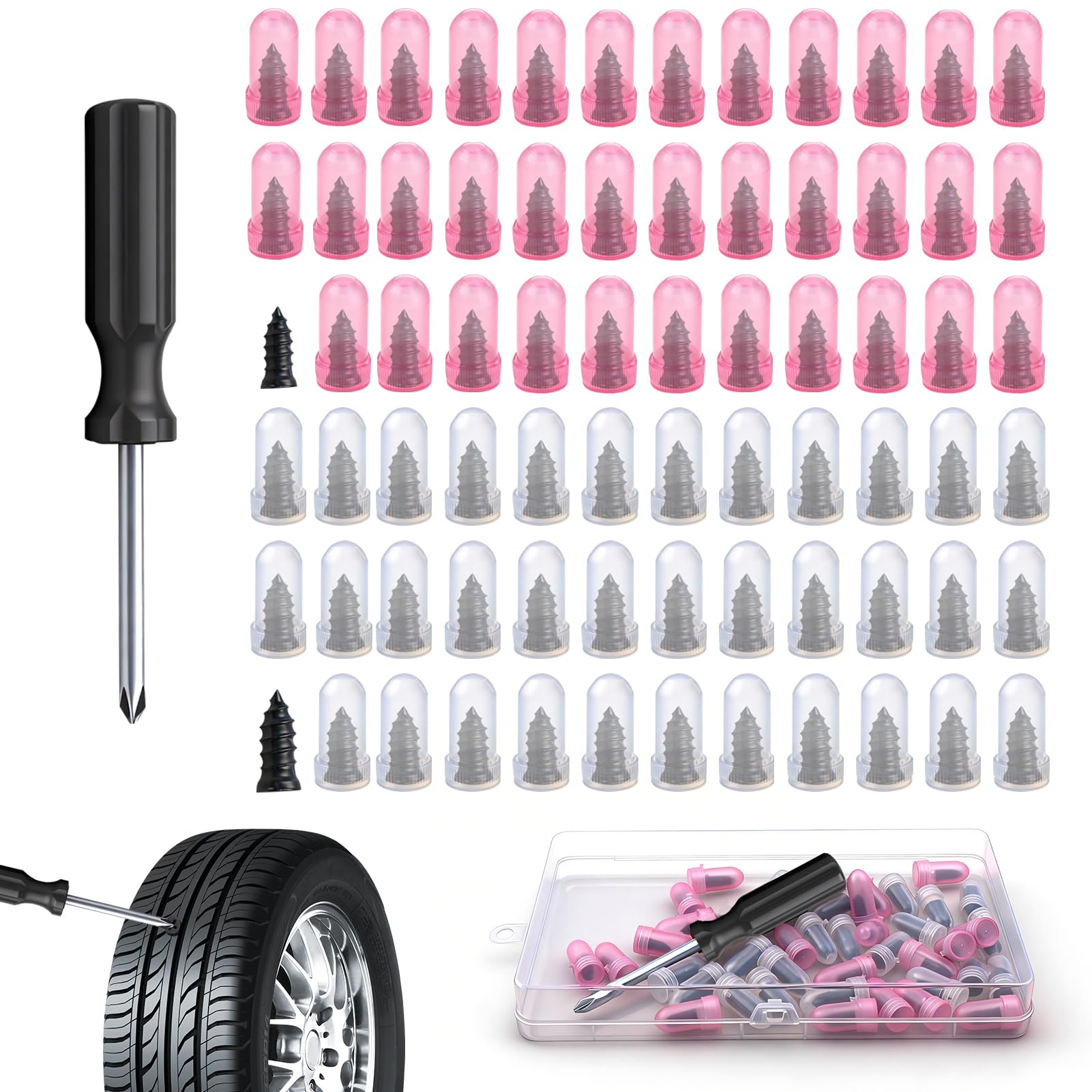 Aihoom Tyre Repair Kit, Car Tyre Puncture Repair Kit with Screwdriver, Fast Self-Service Tire Rubber Nails Tool, Emergency Universal Car Puncture Repair Kit for Auto Car Motorcycles Bicycles (70PCS)