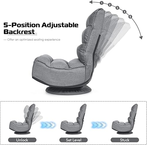 Miniatura 6 de COSTWAY Silla plegable de suelo, silla de videojuegos ajustable de 5 posiciones con giro de 360 grados, funda desmontable, respaldo acolchado