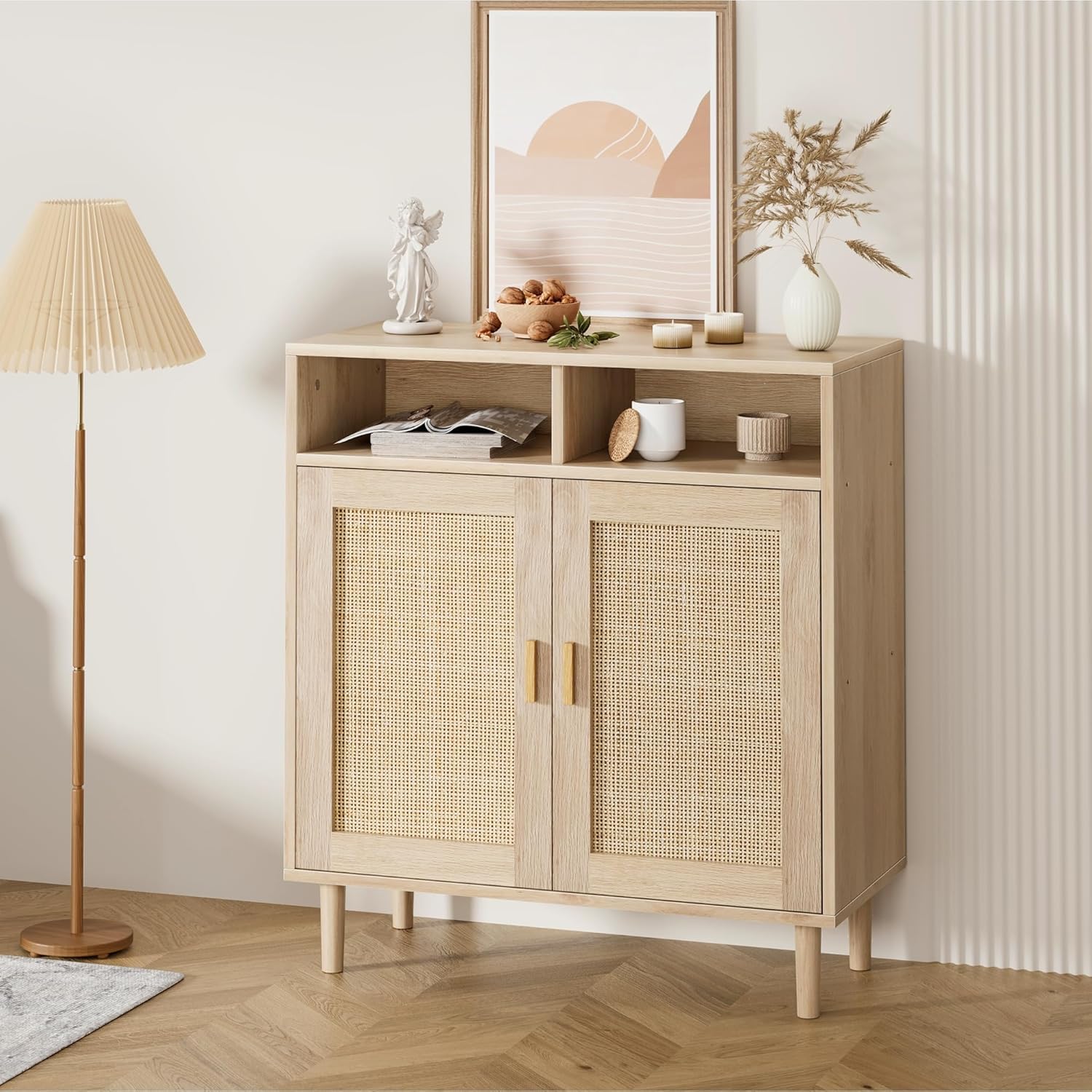 Litake Sideboard Rattan, 80x 92x 40 cm Anrichte mit 2 Offenem Fach & 2 Rattan Türen, Kommode Holz Buffetschrank Aufbewahrungsschrank Konsolentisch Kaffeebarschrank TV-Ständer,Natur