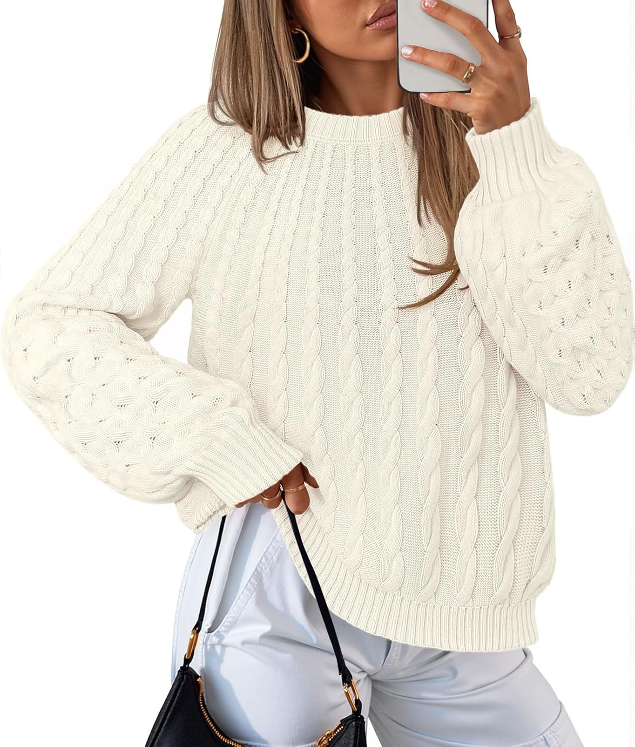 MEROKEETY Women's Fall Cable Knit Sweater 2025 Fashion Warm Crew Neck Lantern Sleeve Chunky Winter Pullover Tops