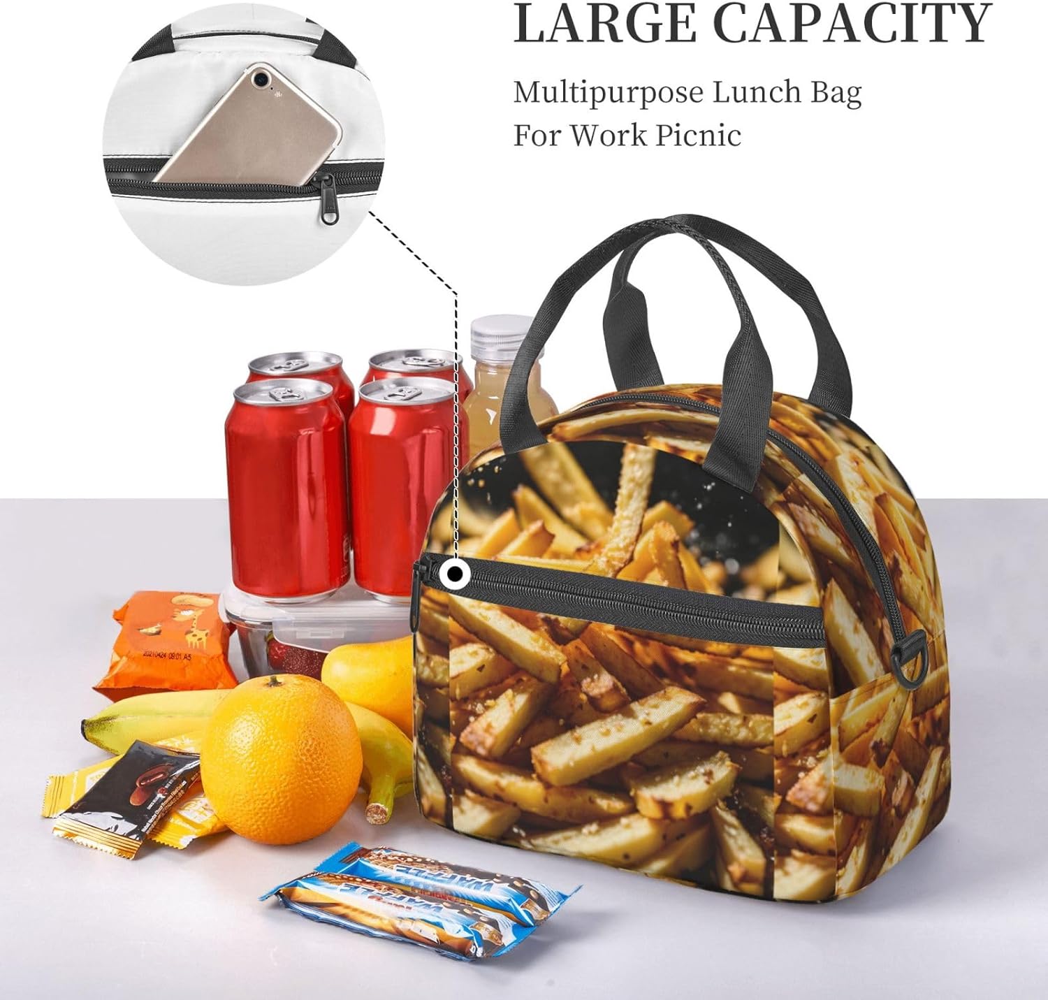 Fast Food Print Reusable Lunch Bag Insulated Lunch Boxes for Office Work Picnic Tote Bag Adjustable