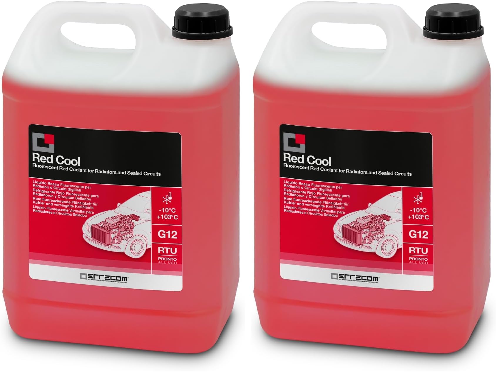 ERRECOM Red Cool, Rote Fluoreszierende Kühlerflüssigkeit -10°C, G12-Frostschutzmittel mit Oat-Inhibitorpaket auf organischer Basis, gebrauchsfertig, 5 Liter (Packung mit 2)
