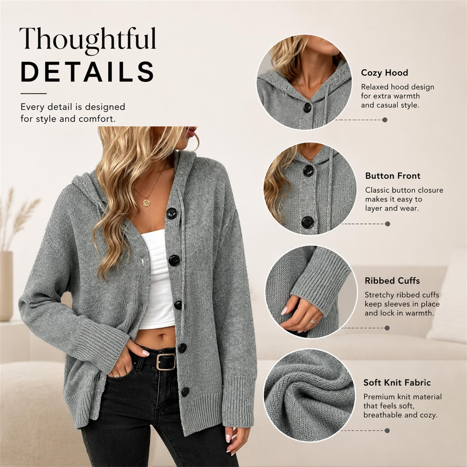 Cardigan Lungo da Donna con Cappuccio e Bottoni