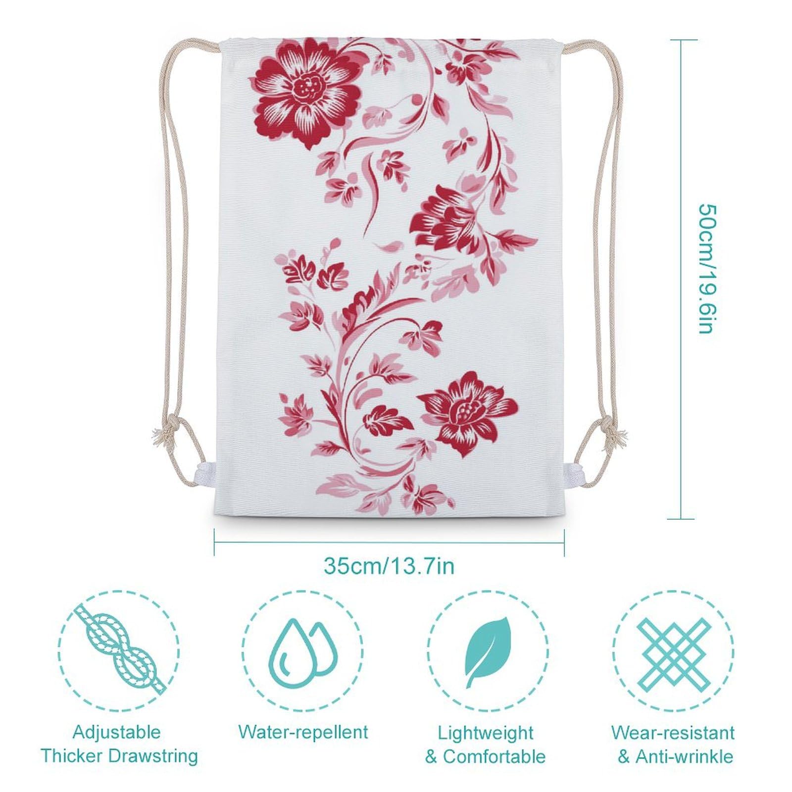 Floral Pink And Red Floral Drawstring Backpack Canvas String Bag Lightweight Sports Gym Bag for Men Women