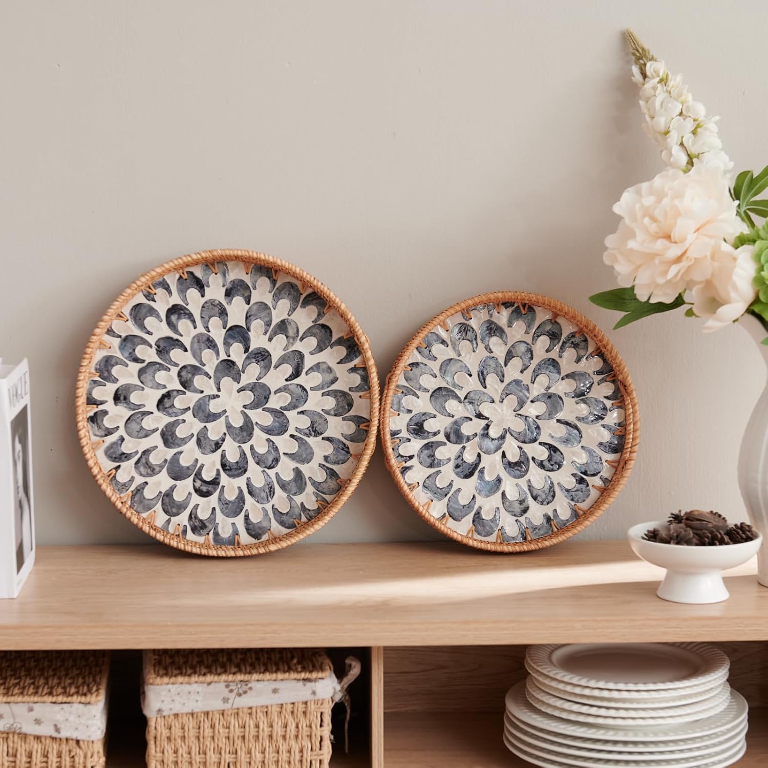 YANGQIHOME Round Serving Tray with Handle, Rattan Tray with Decorative Mother of Pearl Inlay, Round Wicker Trays for Home Decor, Coffee Table, Gifts, Dining,13.8 inch - Image 4