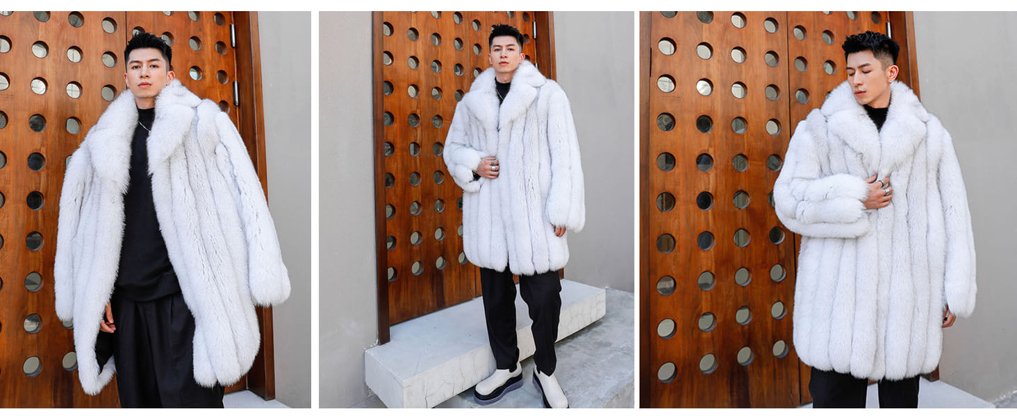 Denny&Dora Men's Real Fox Fur White Jacket Mid-Length style Winter