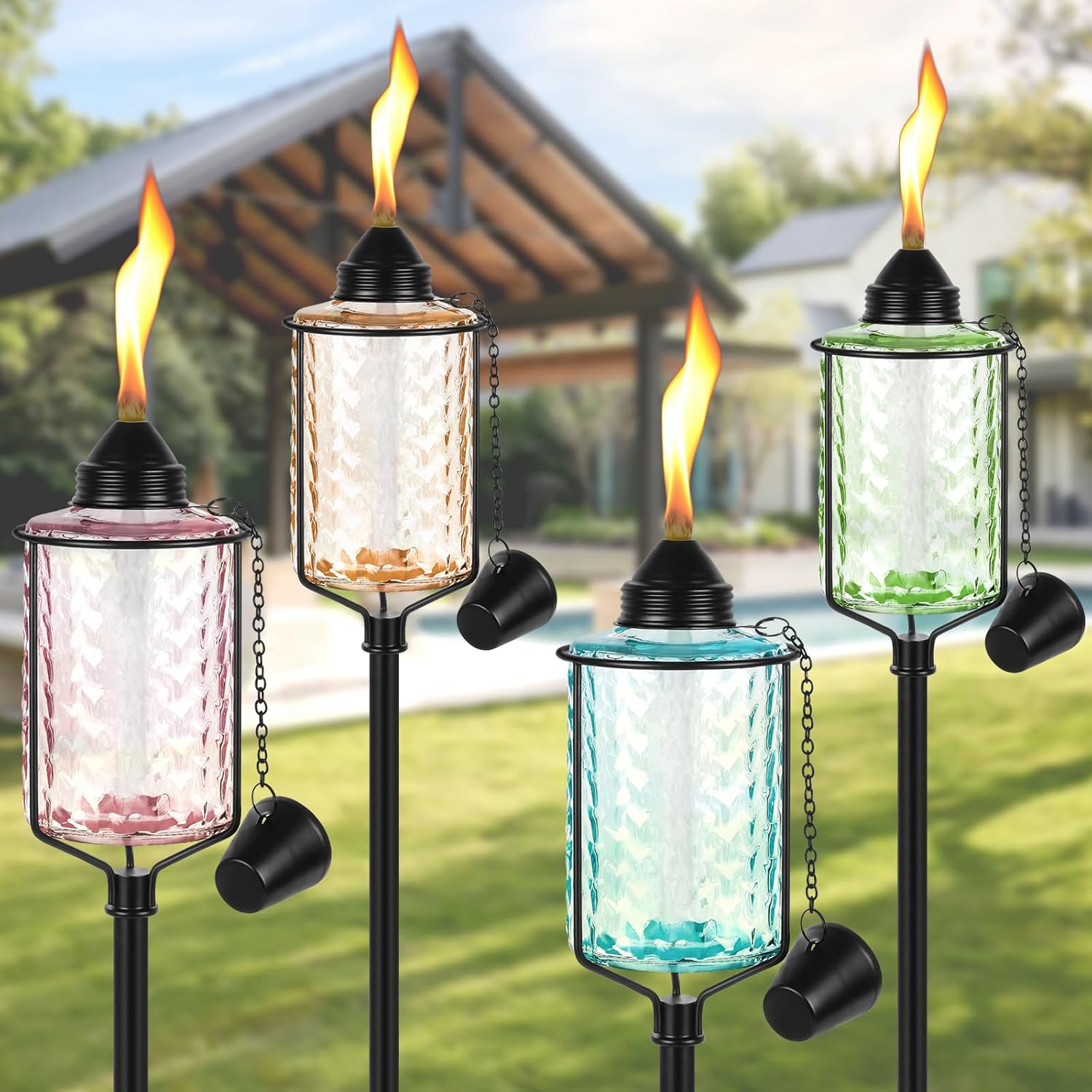Glass Torches for Outside 4 Pack, 62 Inch Outdoor Torch Canisters Height Adjustable with 5-Prong Grounded Stake, 12 OZ Refillable Citronella Torches for Yard Party Patio Pathway Décor