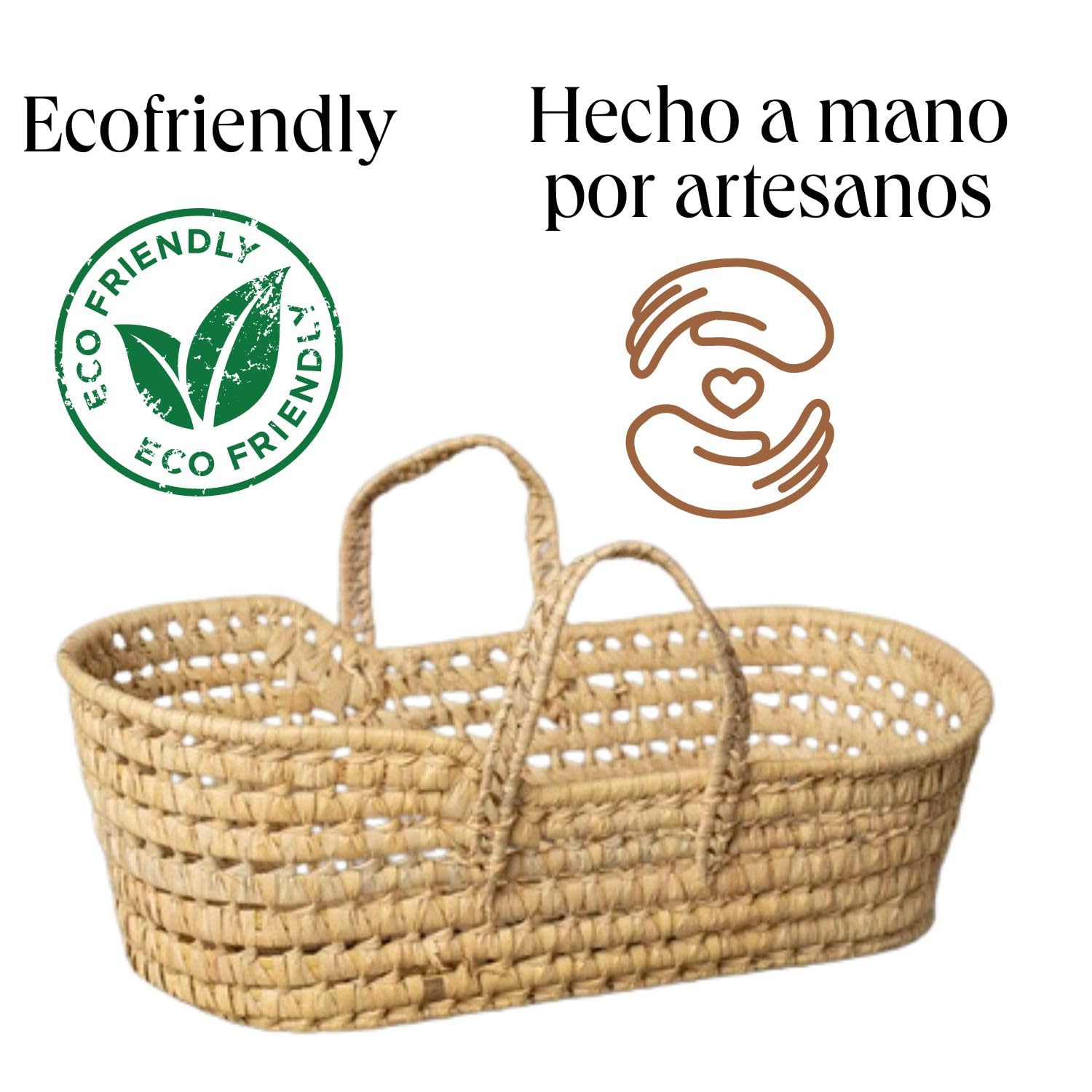 Portabebé de Palma Artesanal para Muñecas Reborn y Muñecos. Cesto Portamuñecas Estilo Clásico con Capota y Asas. Cuna Infantil de Juguete. (Ref. 8286)